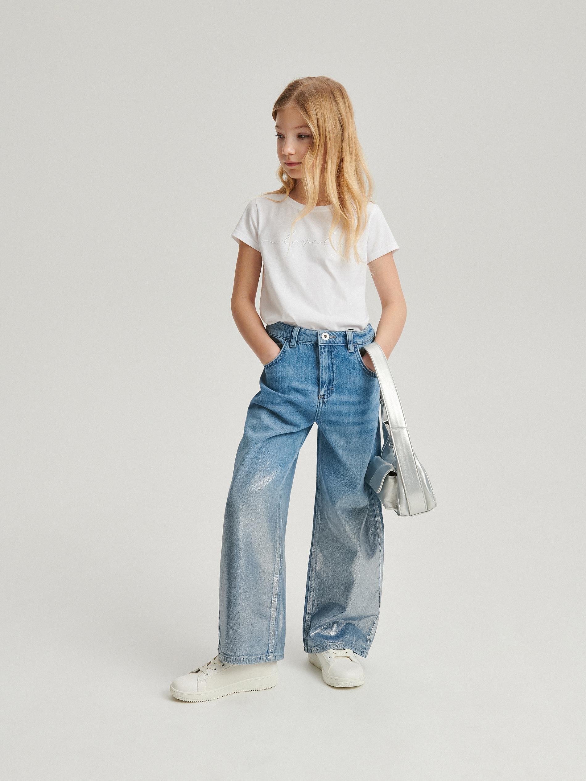 Blue Shiny Wide Legs Jeans, Kids Girls, , large image number 3