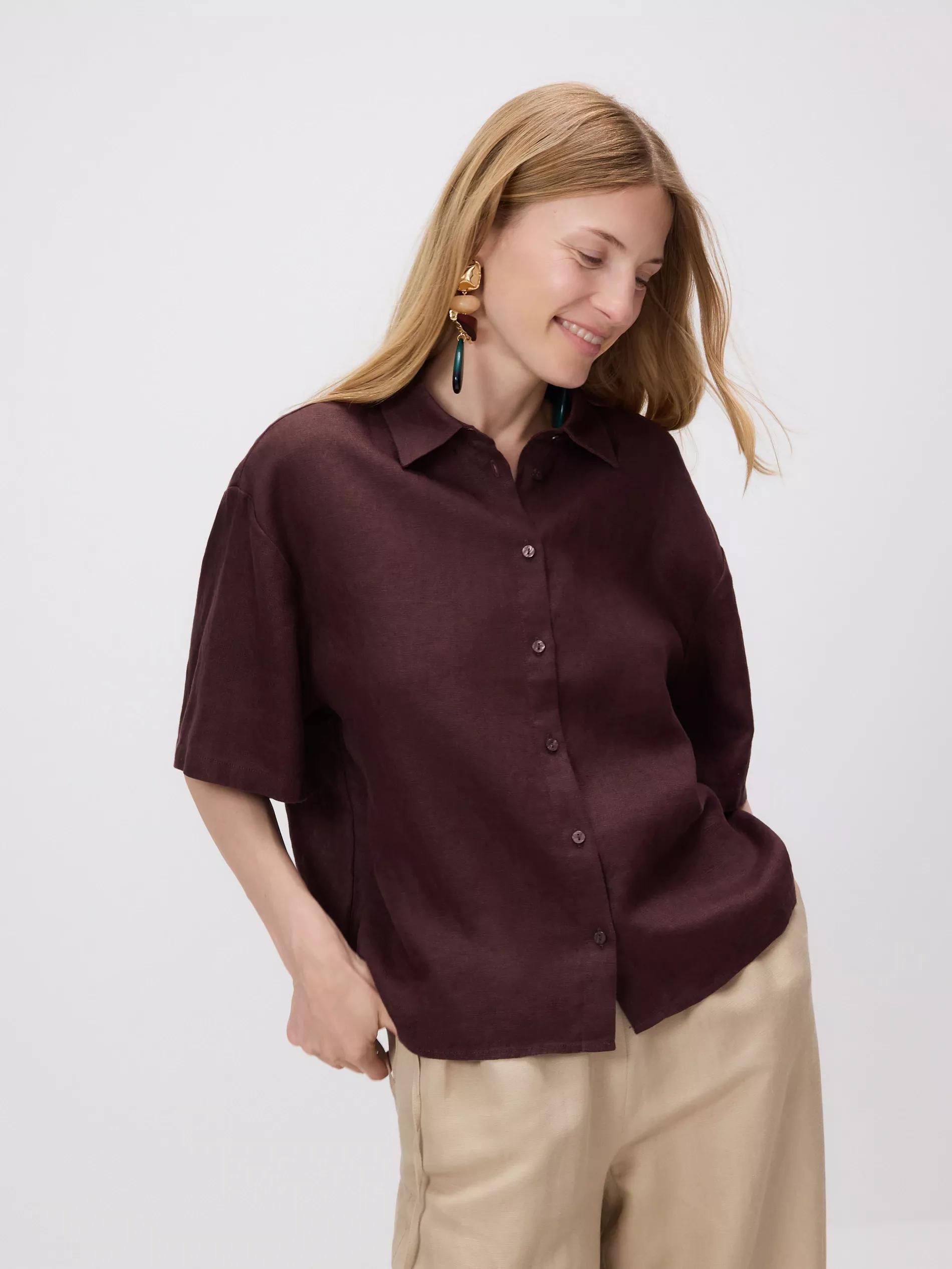 Brown Linen Short-Sleeved Shirt, Brown, large image number 0
