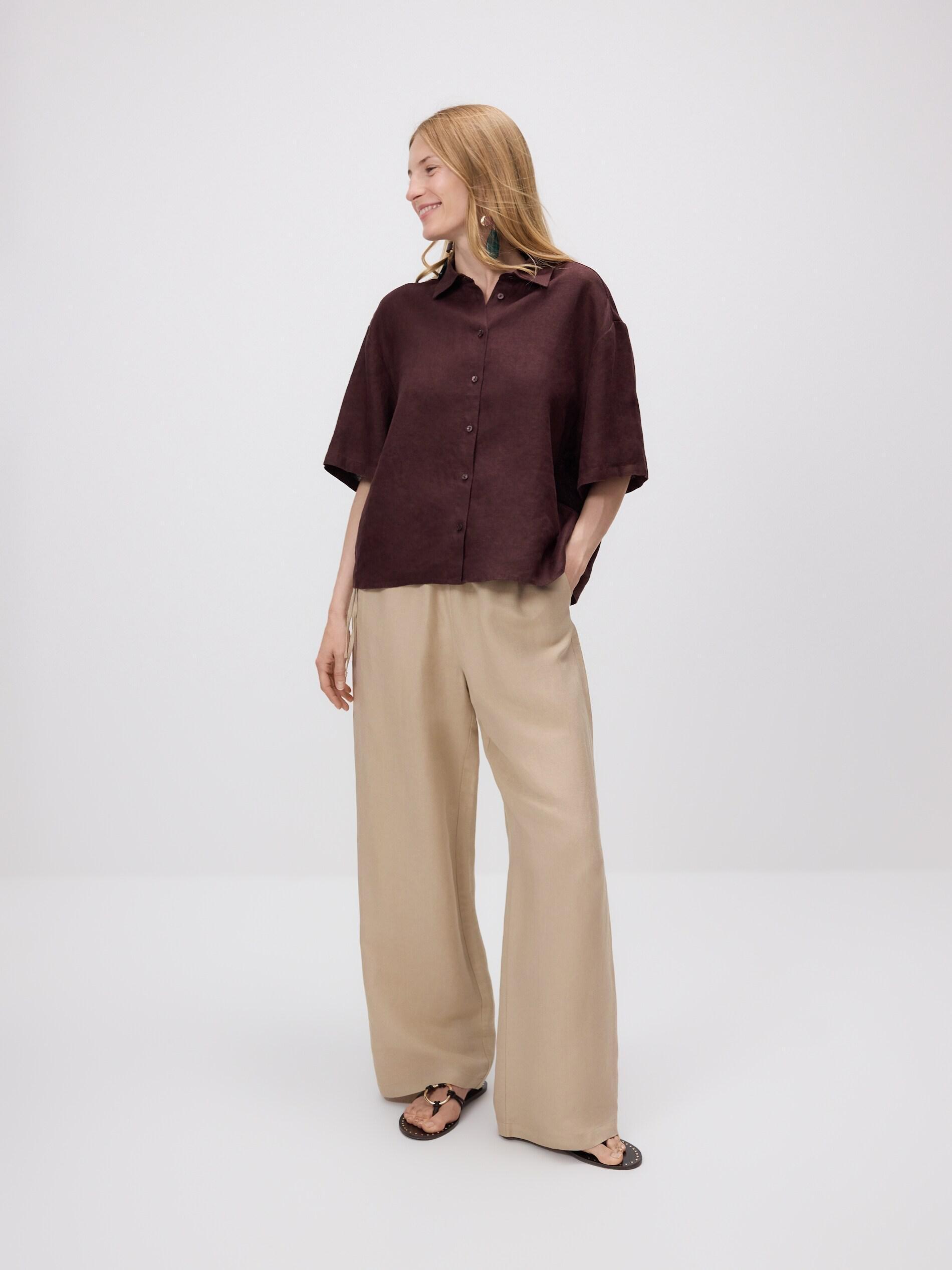 Brown Linen Short-Sleeved Shirt, Brown, large image number 1