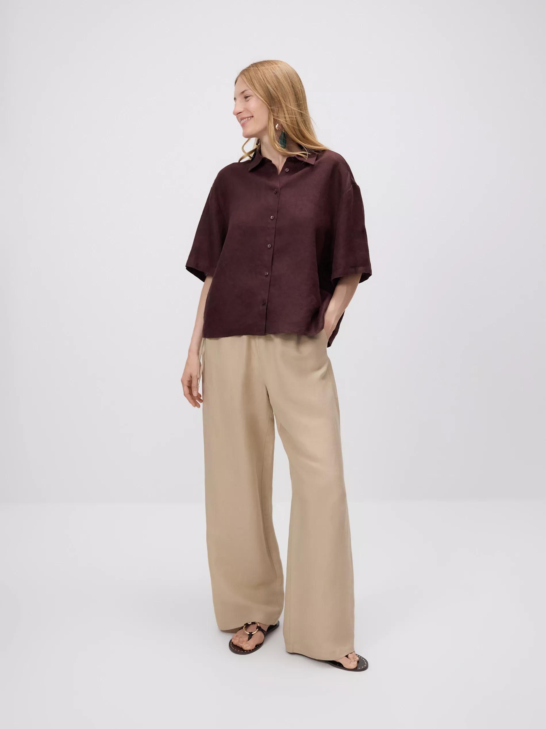 Brown Linen Short-Sleeved Shirt, Brown, large image number 1