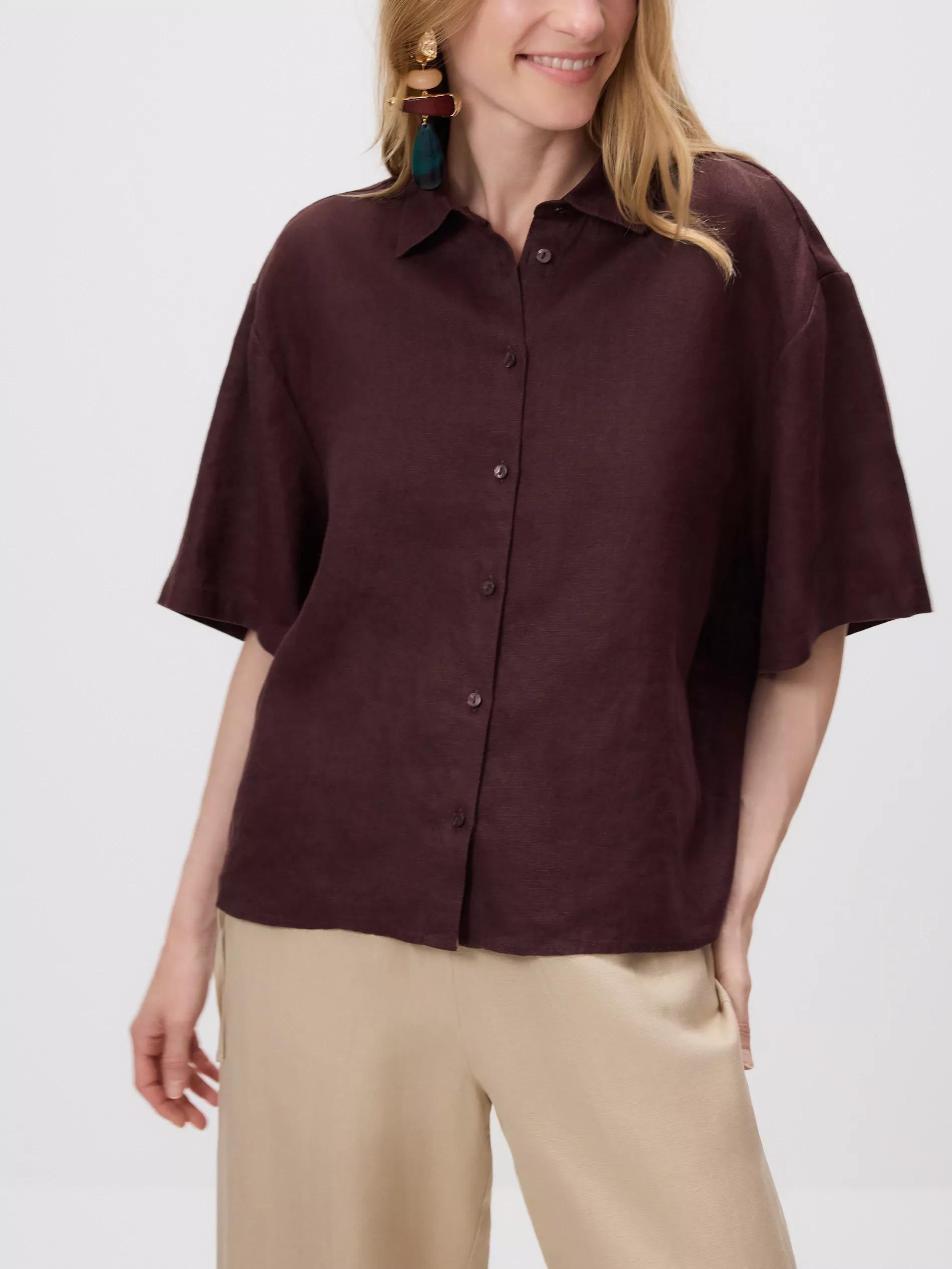 Brown Linen Short-Sleeved Shirt, Brown, large image number 2