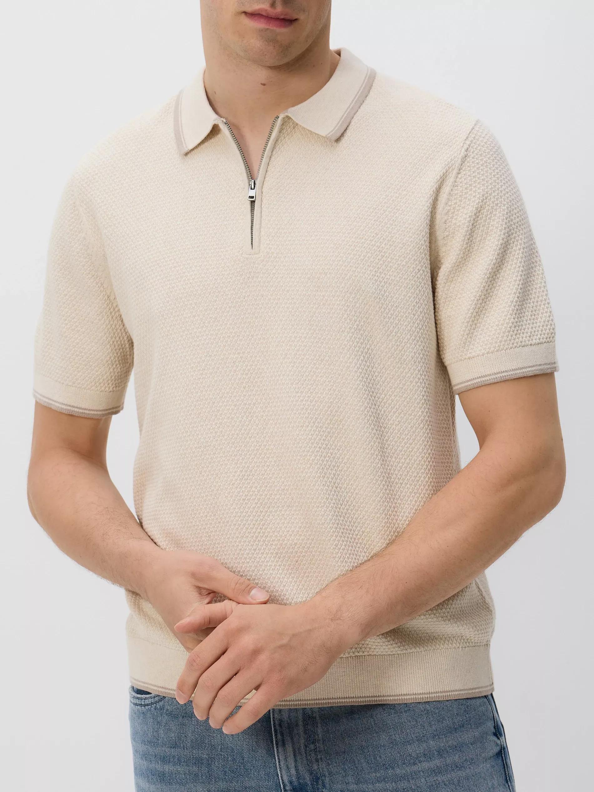 Beige Structural Fabric Polo Jumper, Ivory, large image number 0