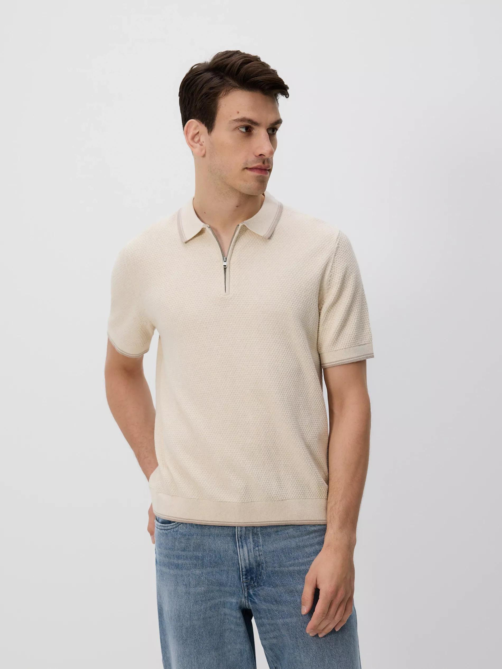 Beige Structural Fabric Polo Jumper, Ivory, large image number 1