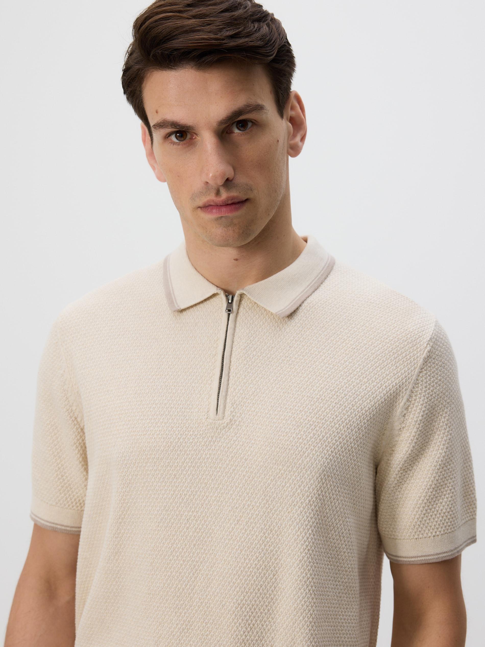 Beige Structural Fabric Polo Jumper, Ivory, large image number 3
