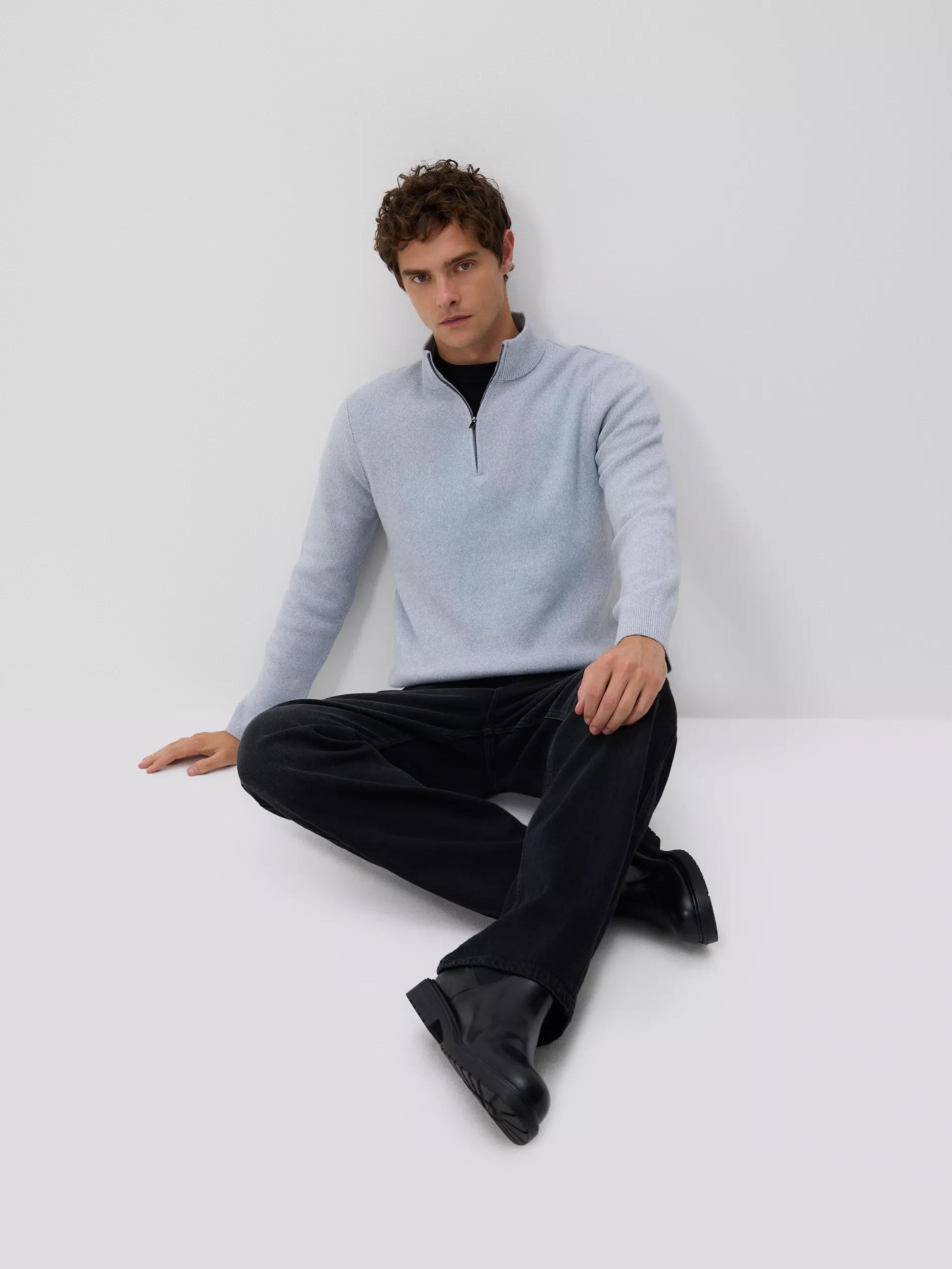 Grey Zipped Turtle-Neck Sweater, Light grey, medium