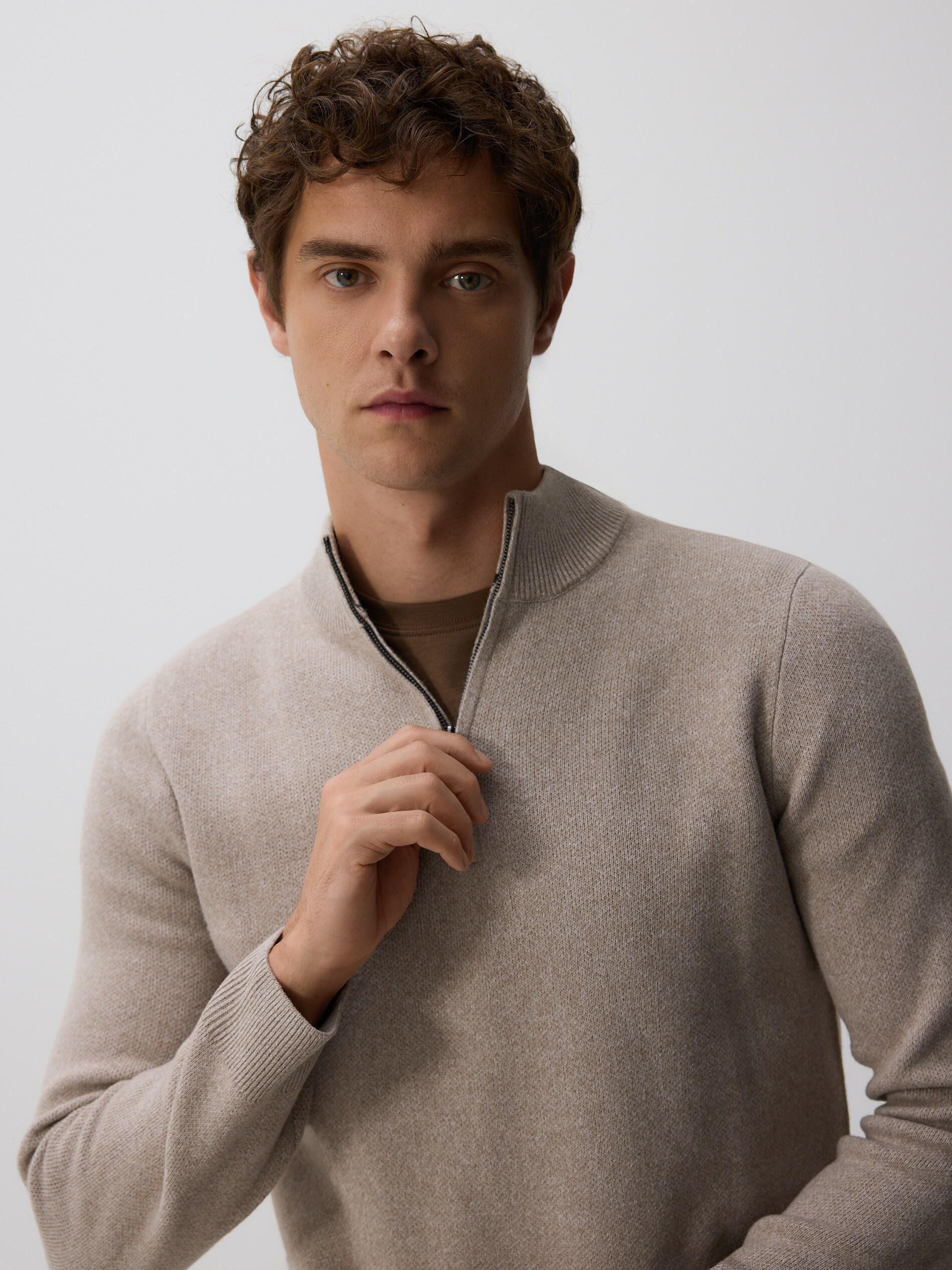 Beige Zipped Turtle-Neck Sweater, Beige, medium