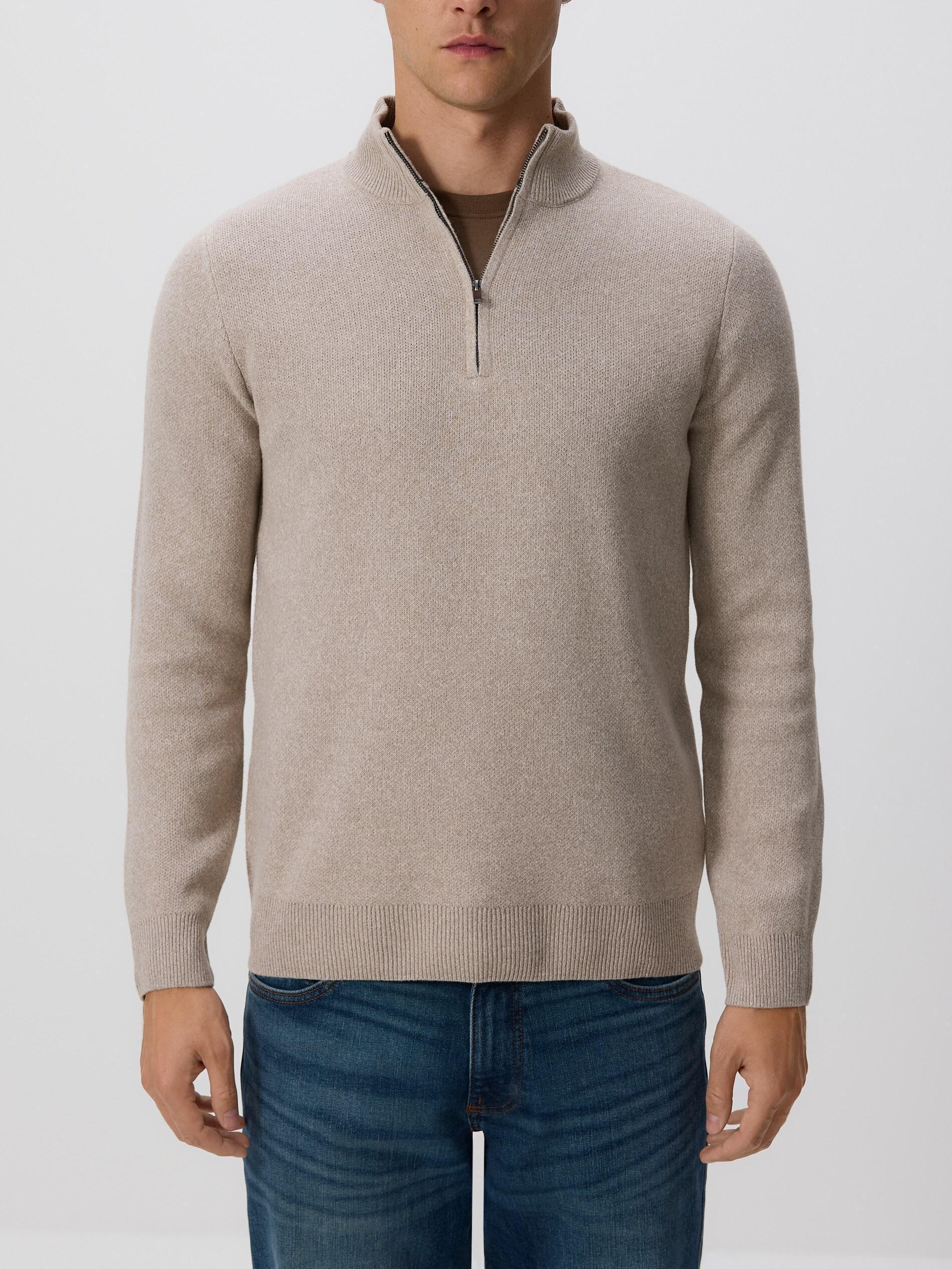 Beige Zipped Turtle-Neck Sweater, Beige, medium