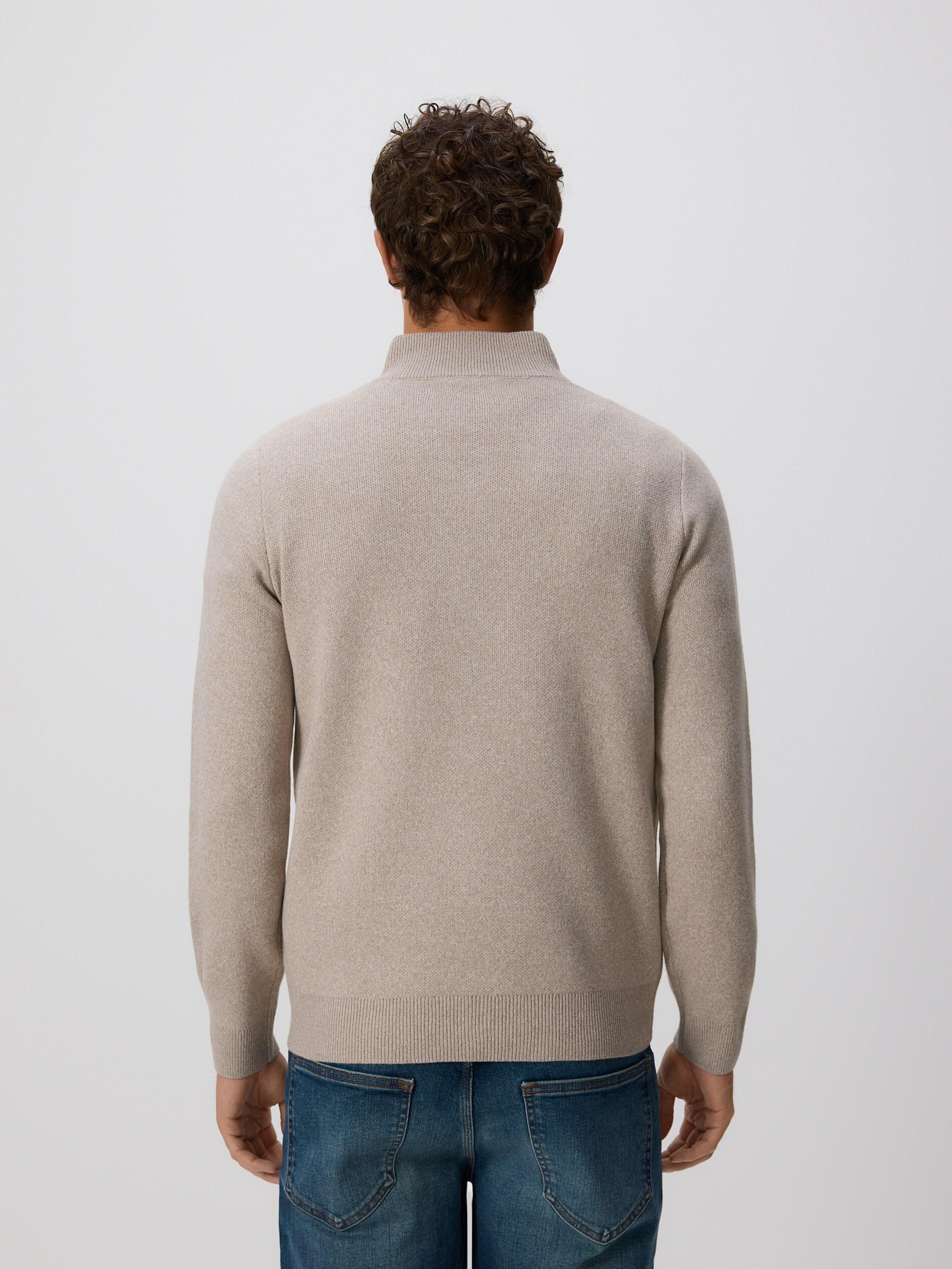 Beige Zipped Turtle-Neck Sweater, Beige, medium