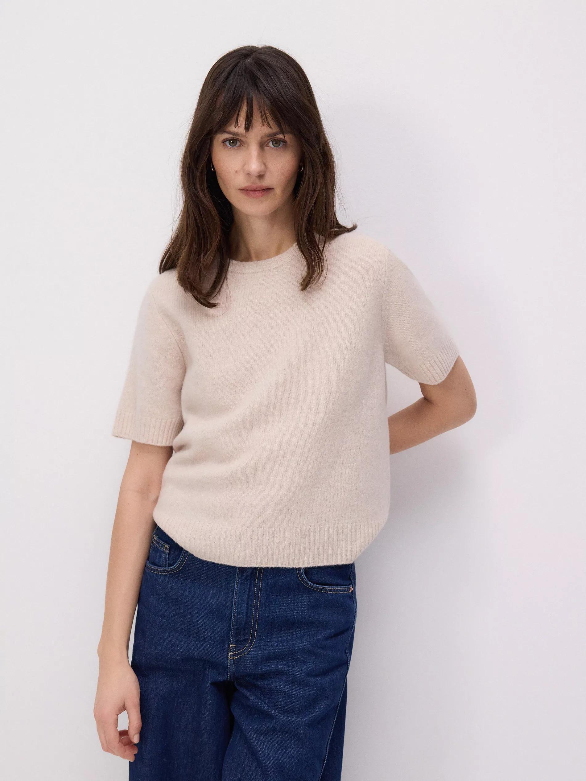 Beige Short-Sleeved Wool Sweater, , medium