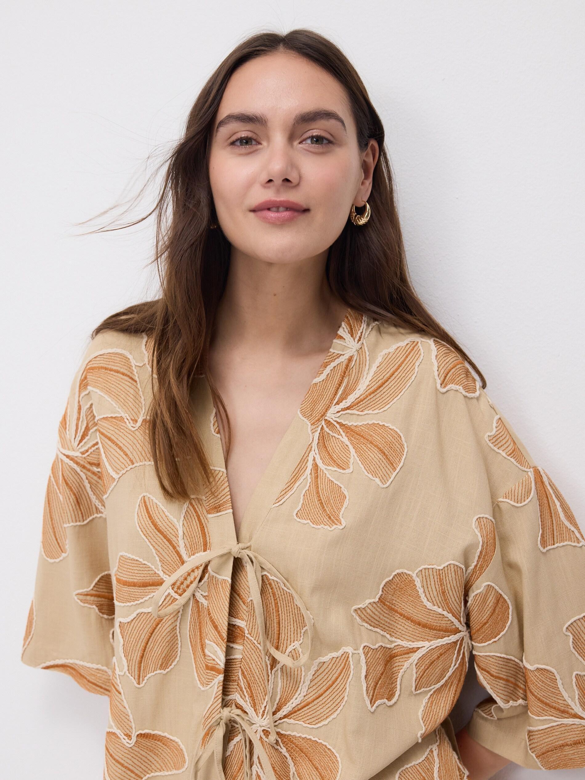 Multicolour Tied Linen-Blend Blouse, Multicolor, large image number 0