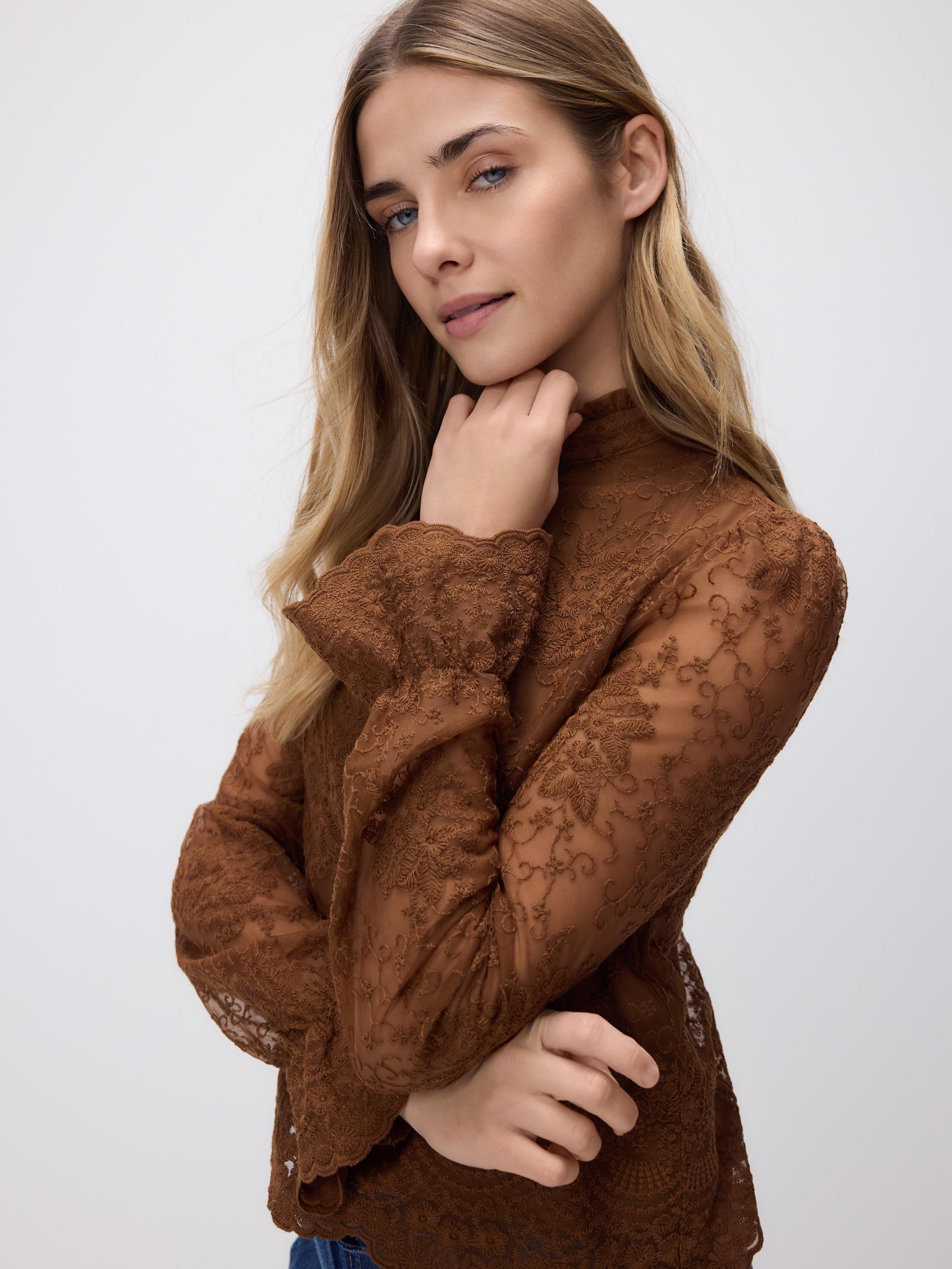 Brown Blouse With Embroidery Detailing, Brown, large image number 0