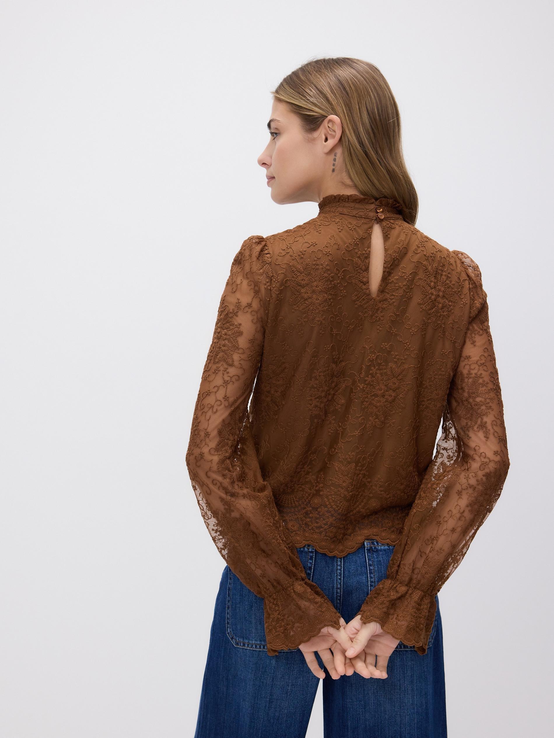 Brown Blouse With Embroidery Detailing, Brown, large image number 1