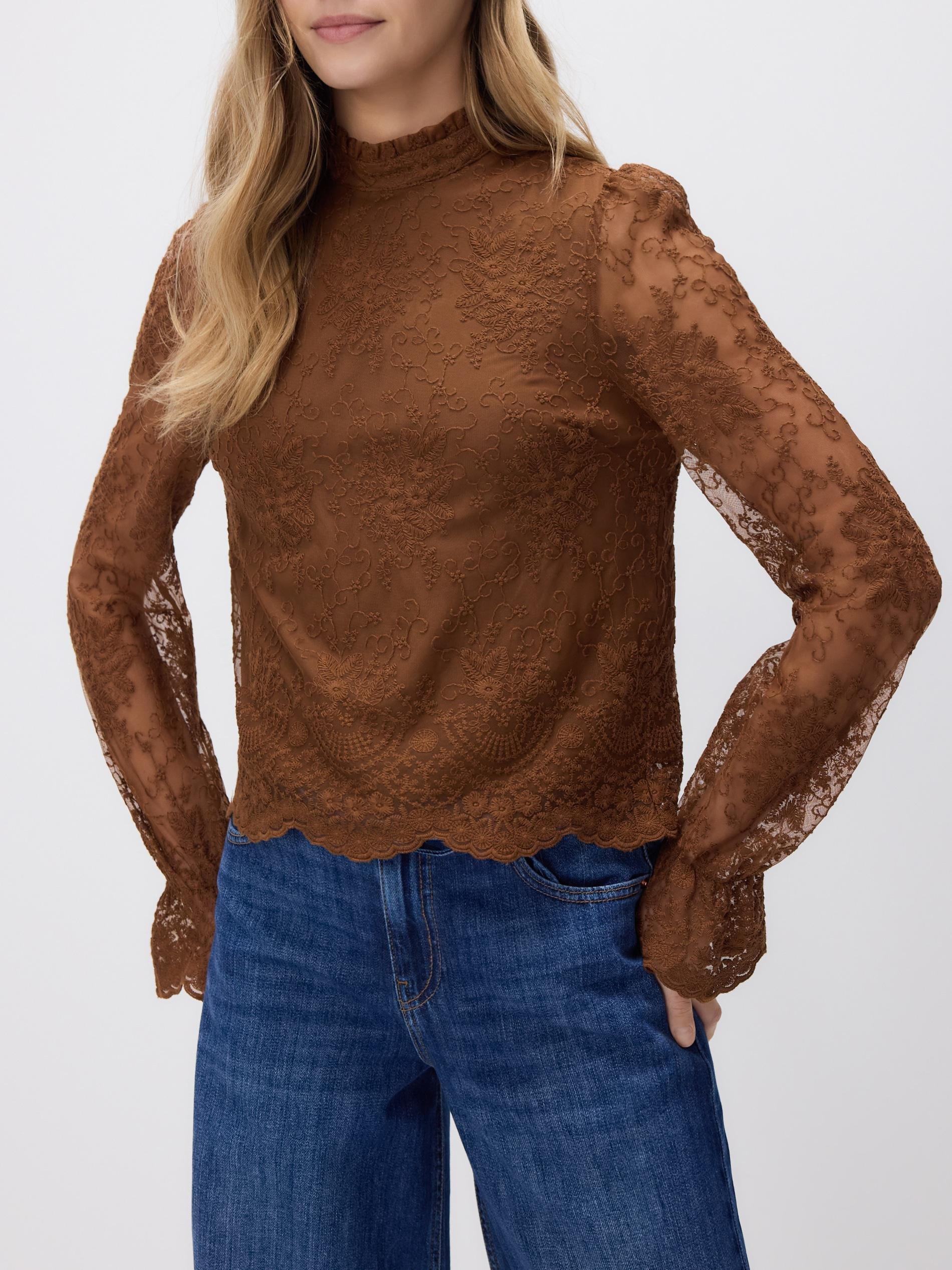 Brown Blouse With Embroidery Detailing, Brown, large image number 3