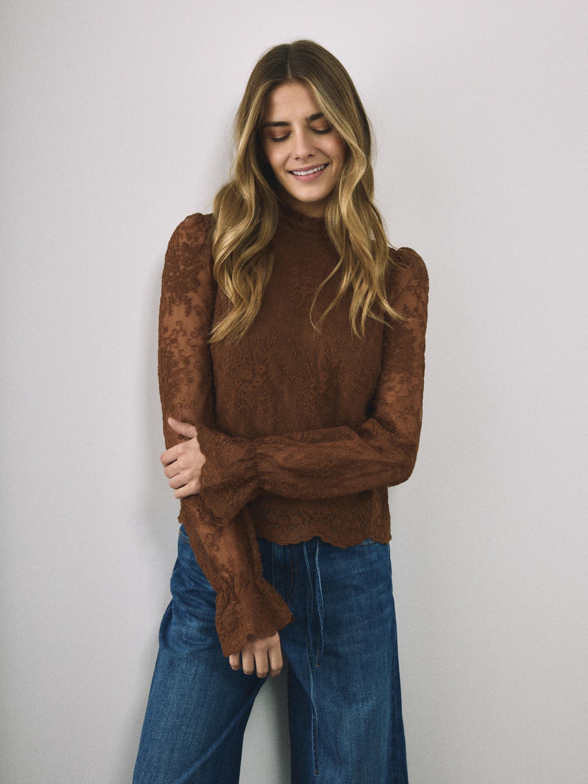 Brown Blouse With Embroidery Detailing, Brown, large image number 6