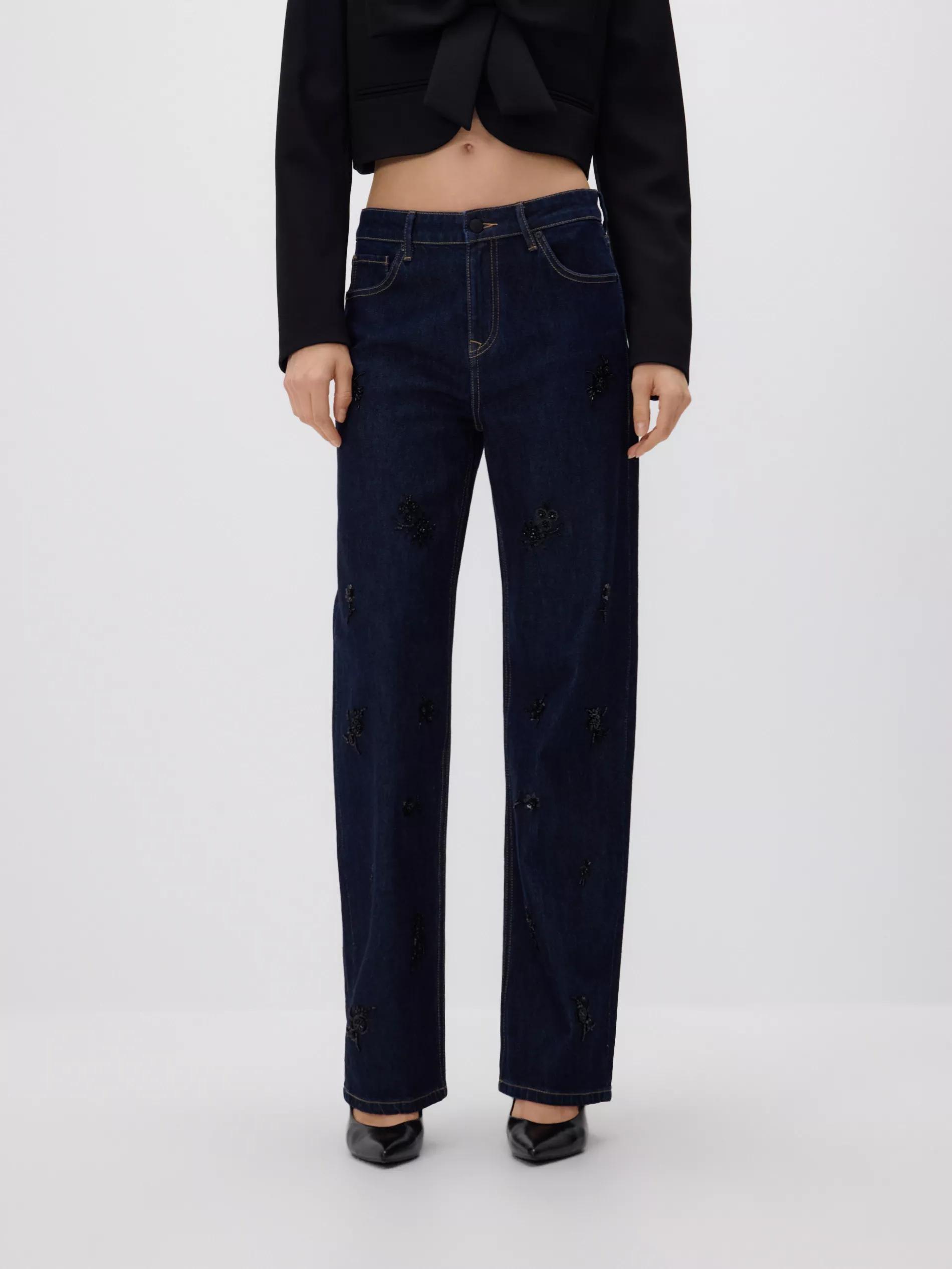 Navy Straight Jeans With Applications, Navy, large image number 1