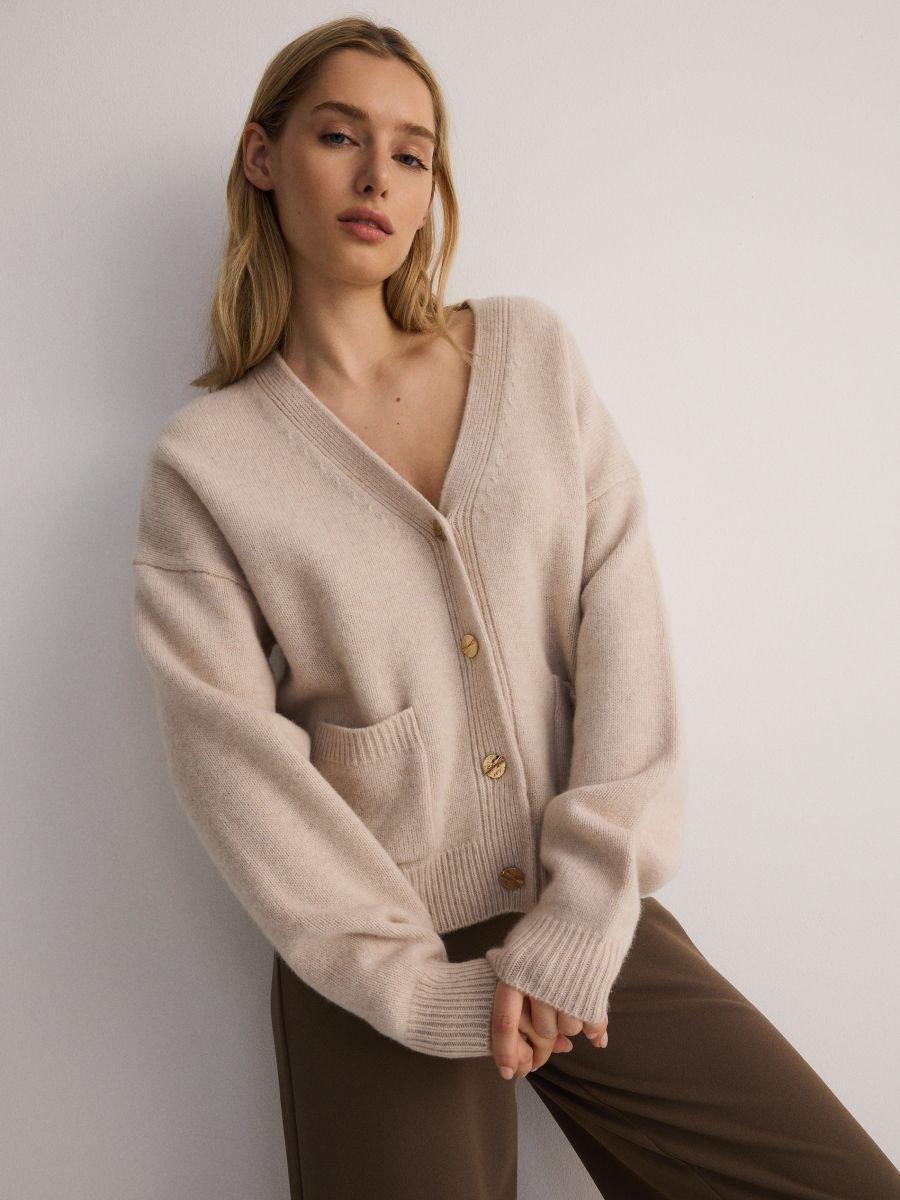 Beige Wool Cardigan With Pockets, , large image number 0