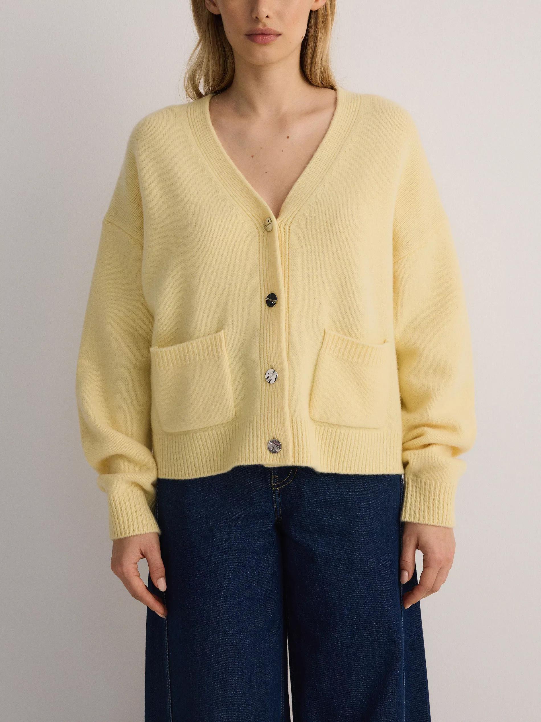 Yellow Wool Cardigan With Pockets, , large image number 1