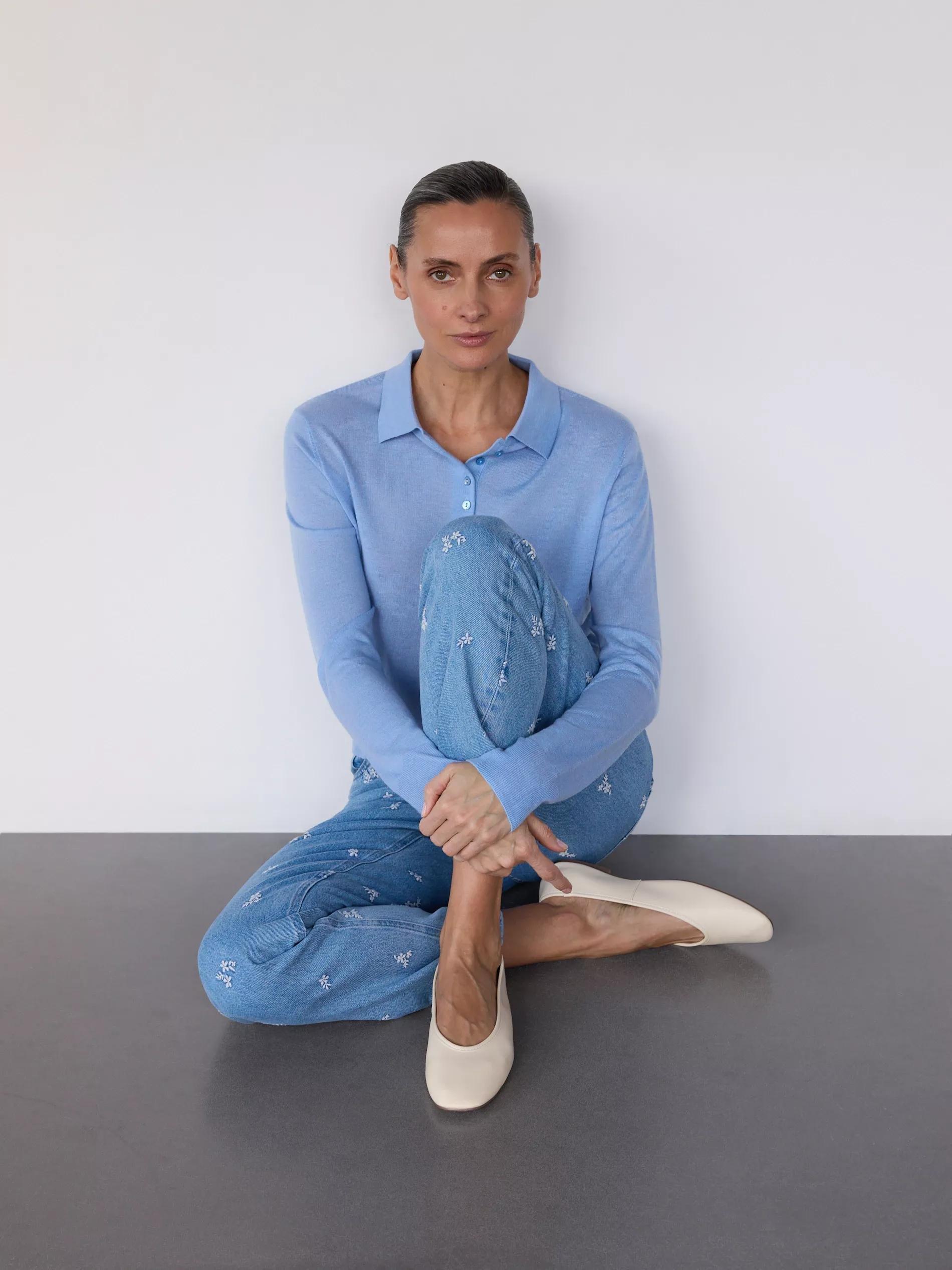 Blue Ribbed Collared Sweater, , large image number 0