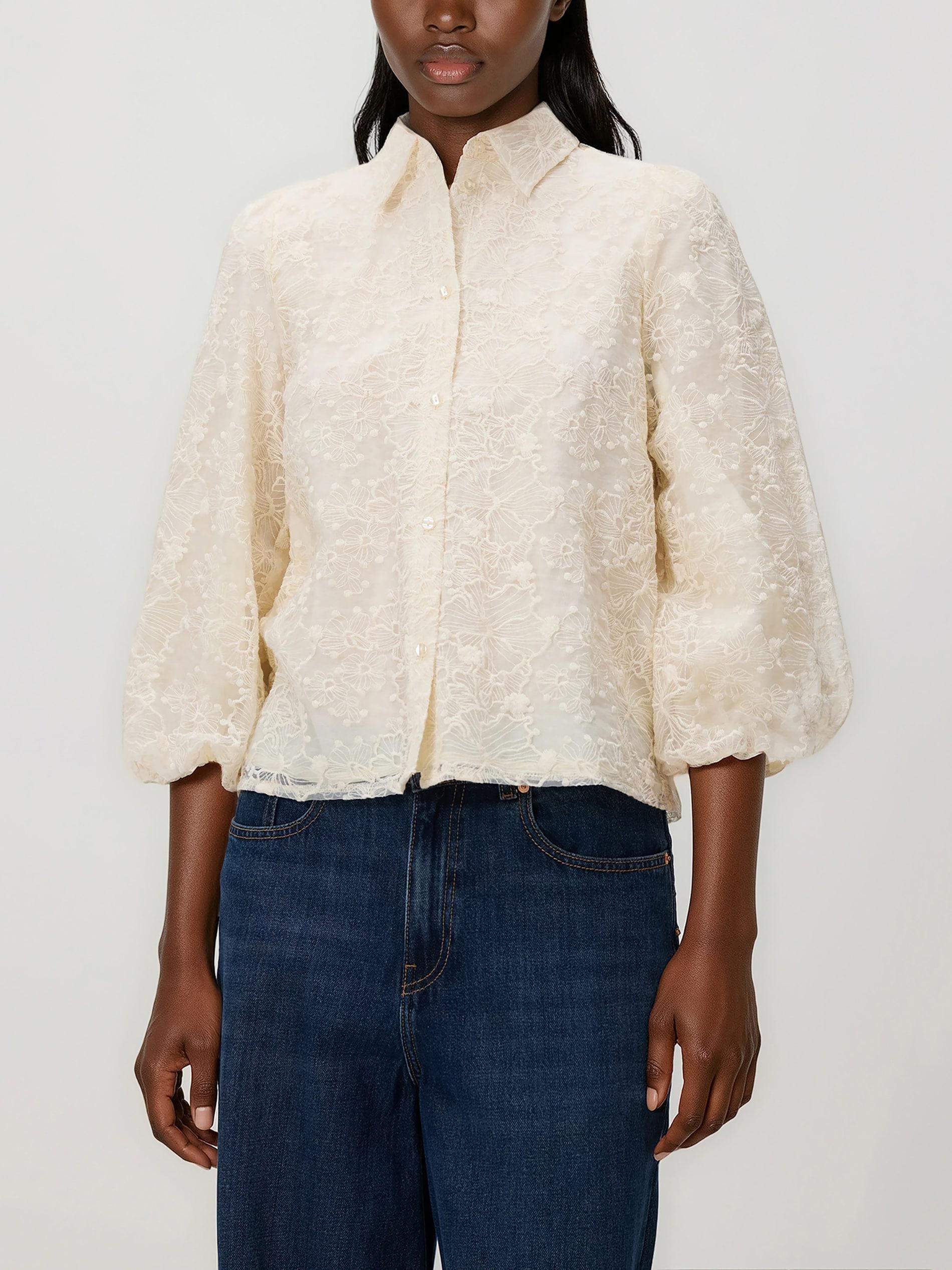 Cream Blouse With Embroidery, Ivory, large image number 0