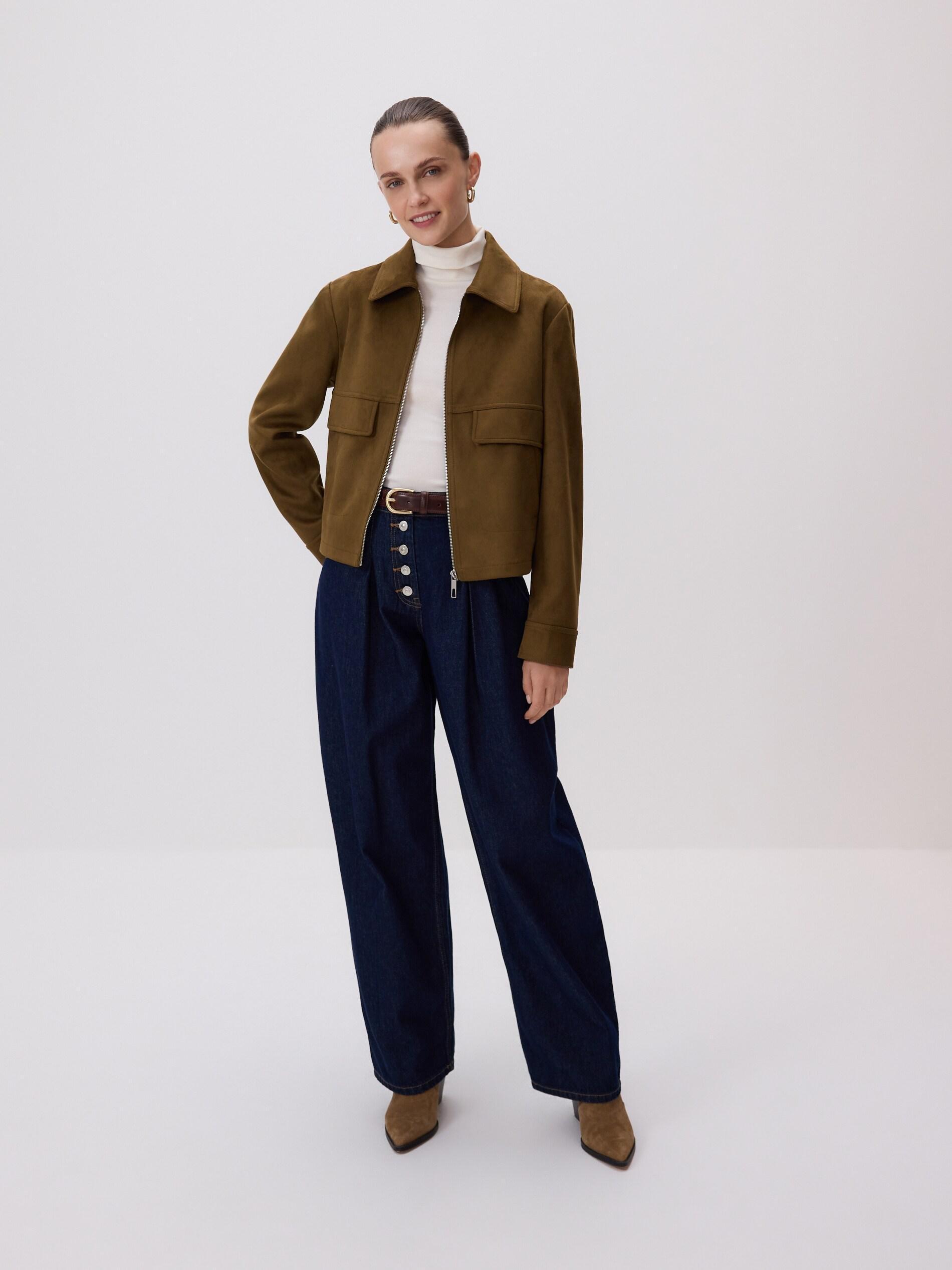 Green Faux Suede Cropped Jacket, Green, large image number 0