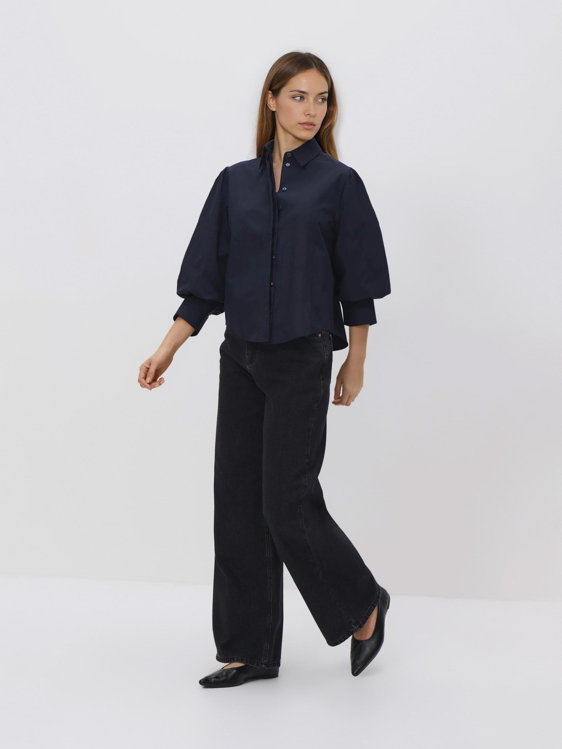 Navy Shirt With Puffy Sleeves, Navy, large image number 0