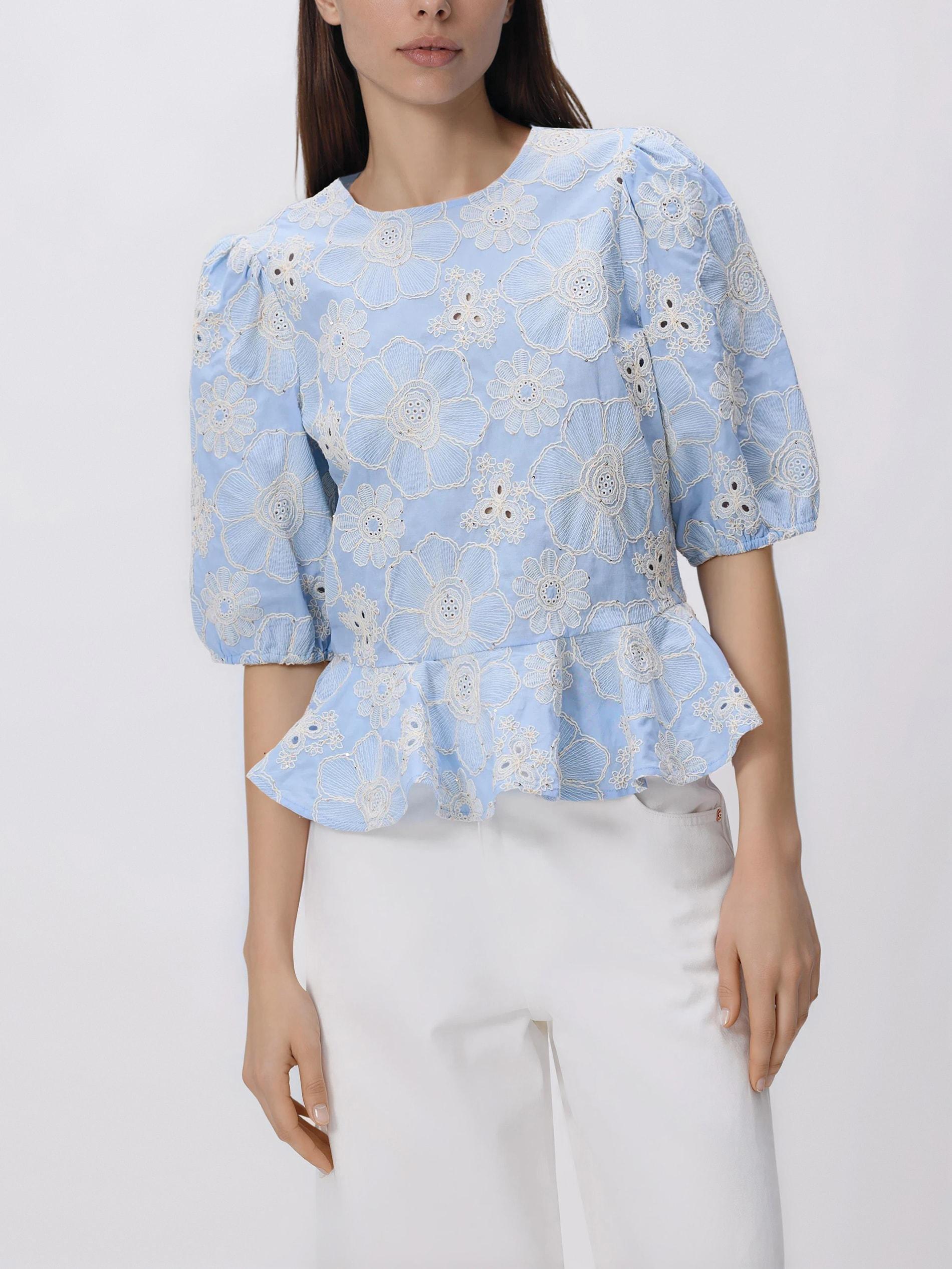 Blue Blouse With Embroidery Detailing, Blue, large image number 0