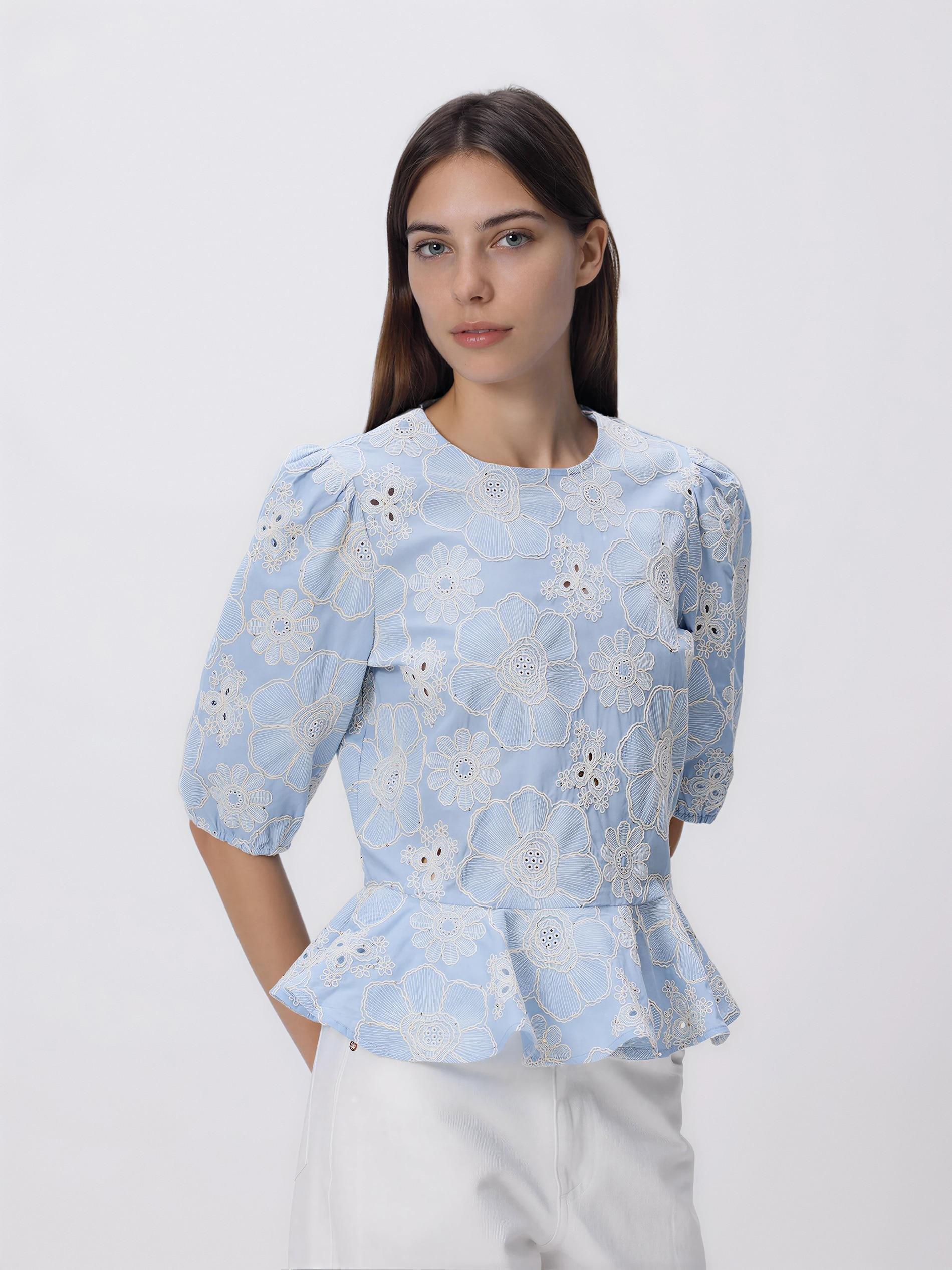 Blue Blouse With Embroidery Detailing, Blue, large image number 1