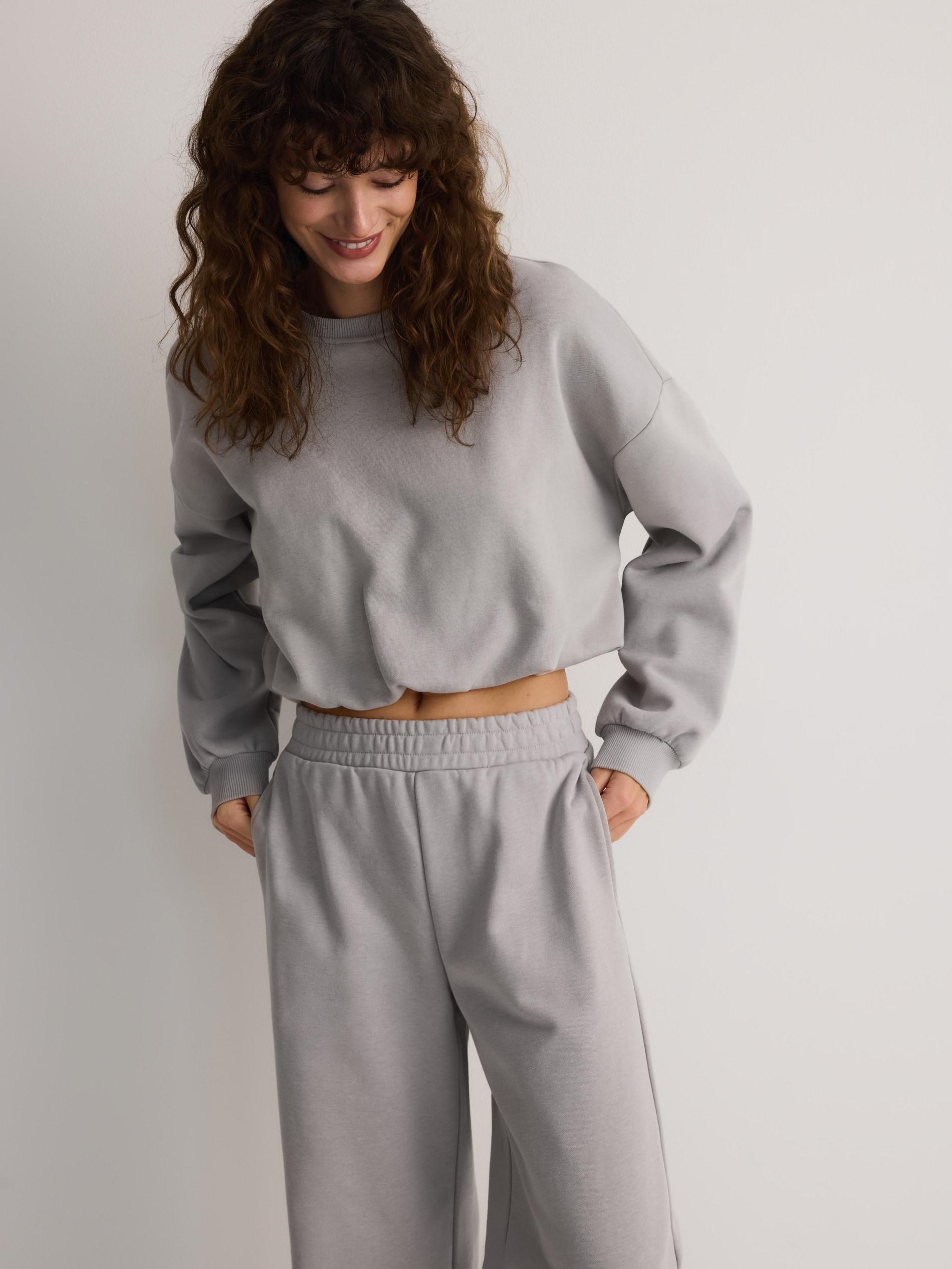 Grey Cropped Sweatshirt With Ribbed Hem, , large image number 1