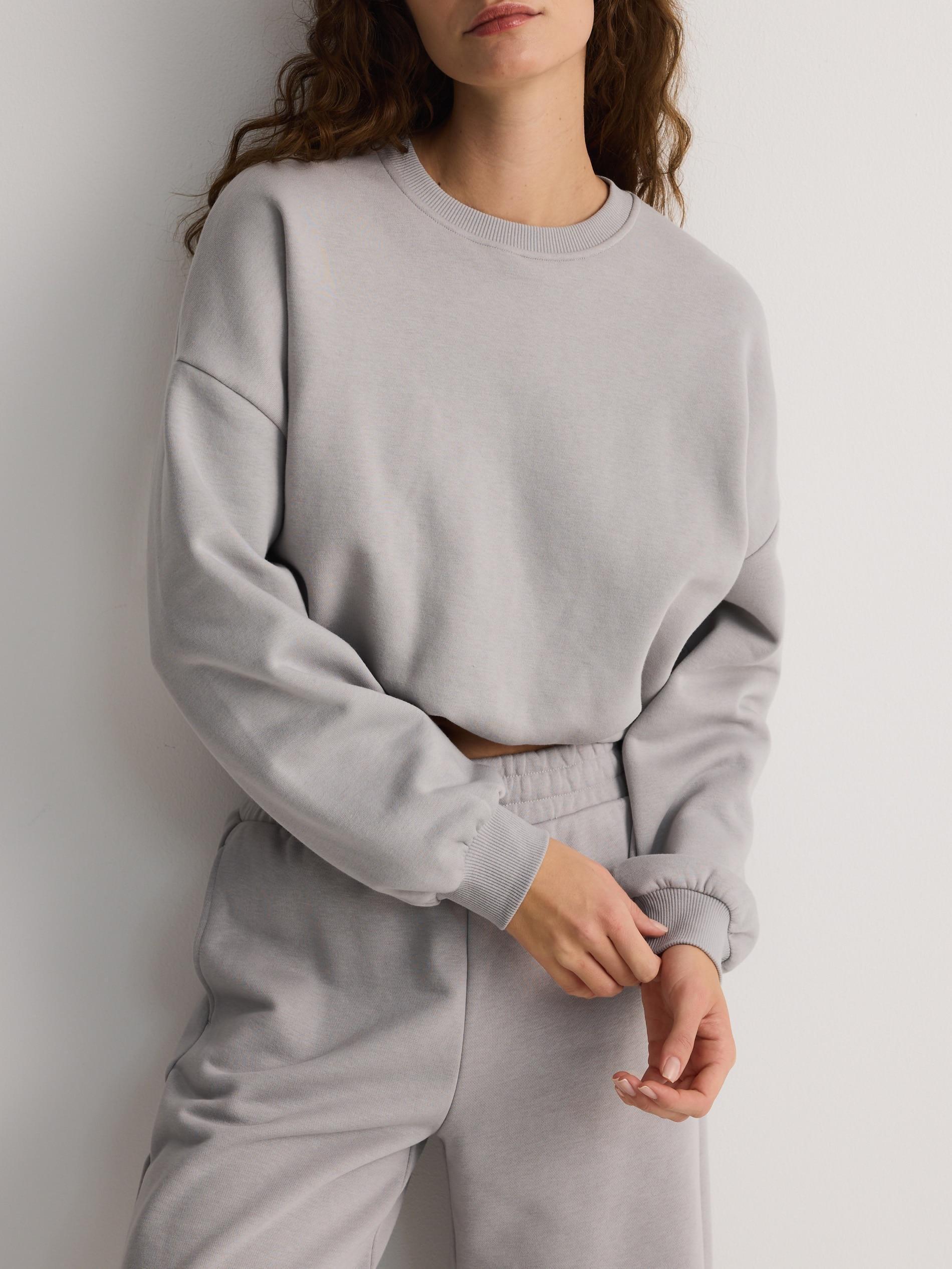 Grey Cropped Sweatshirt With Ribbed Hem, , large image number 3
