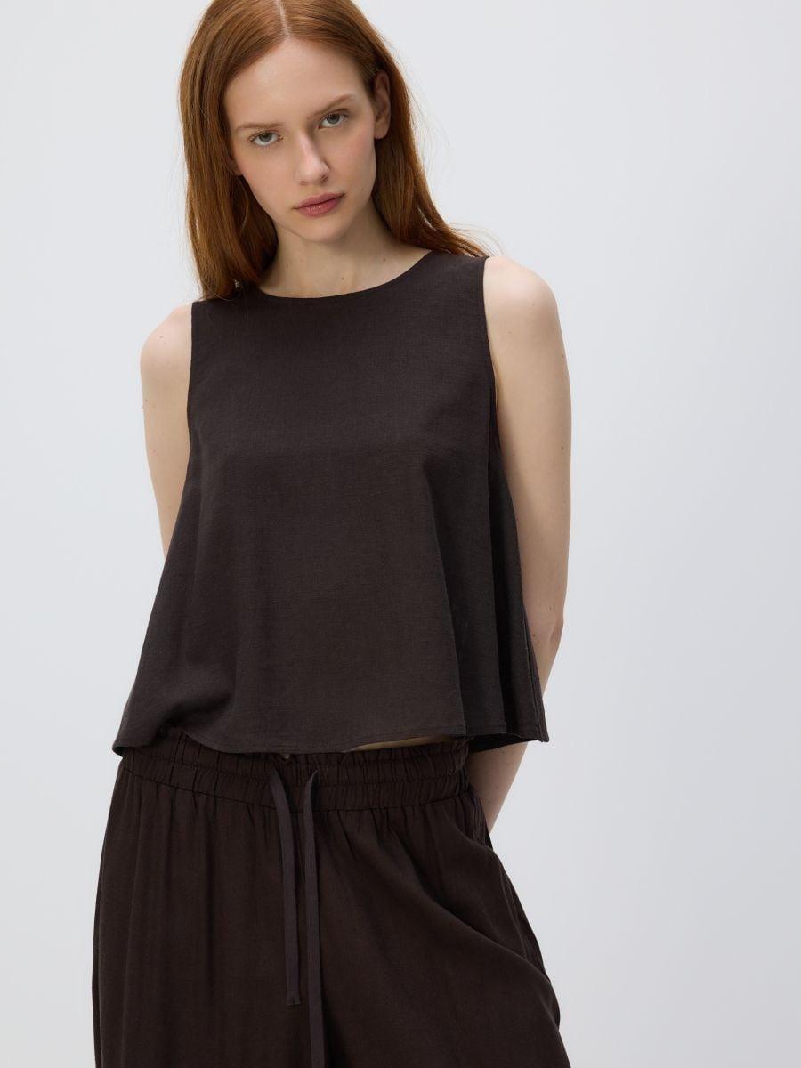 Brown Linen Blend Top, Brown, large image number 0
