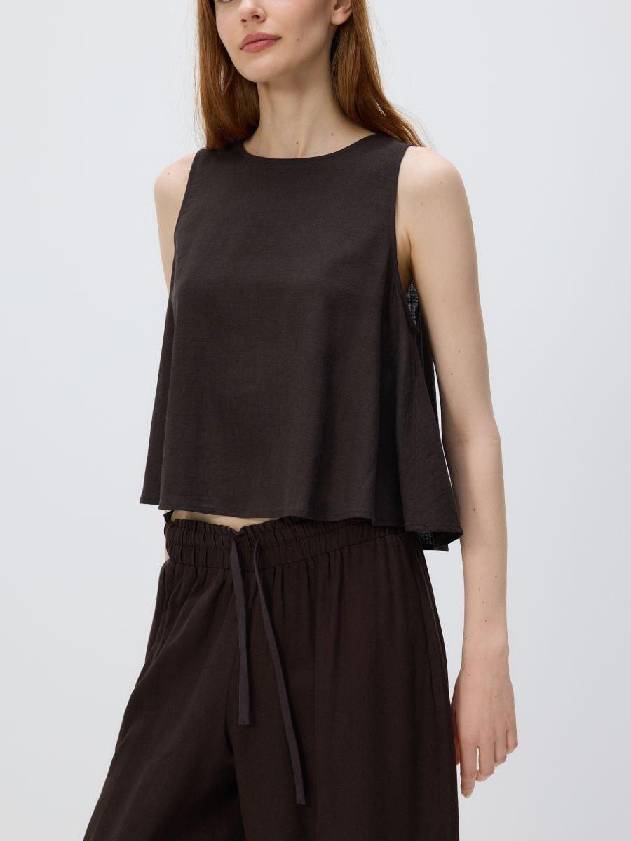 Brown Linen Blend Top, Brown, large image number 3