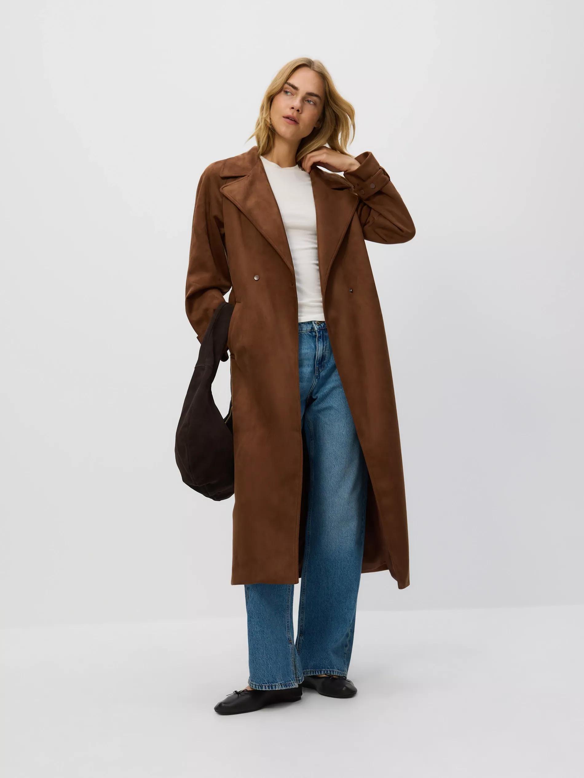 Brown Faux Suede Trench Coat, Brown, large image number 0