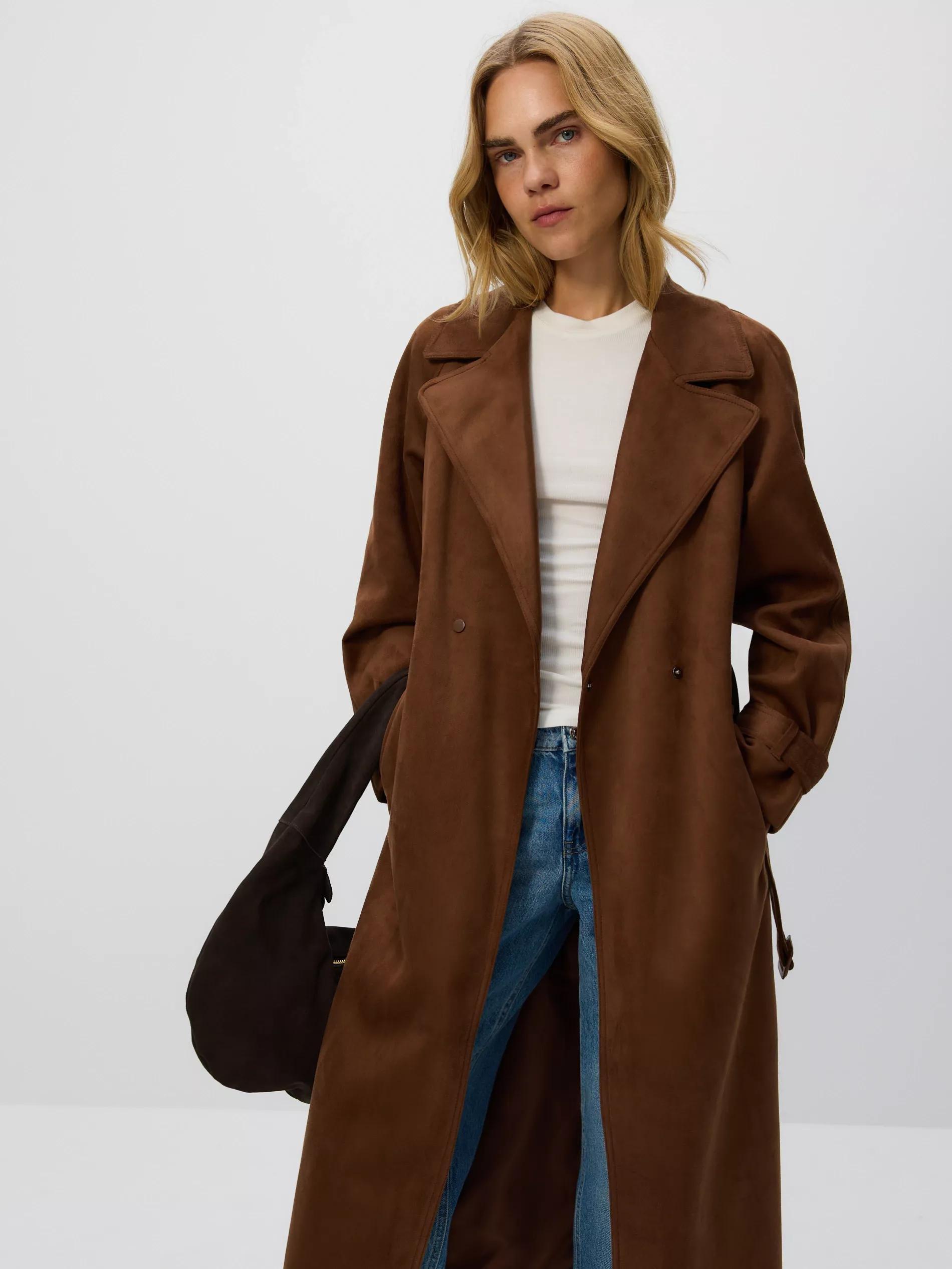 Brown Faux Suede Trench Coat, Brown, large image number 1