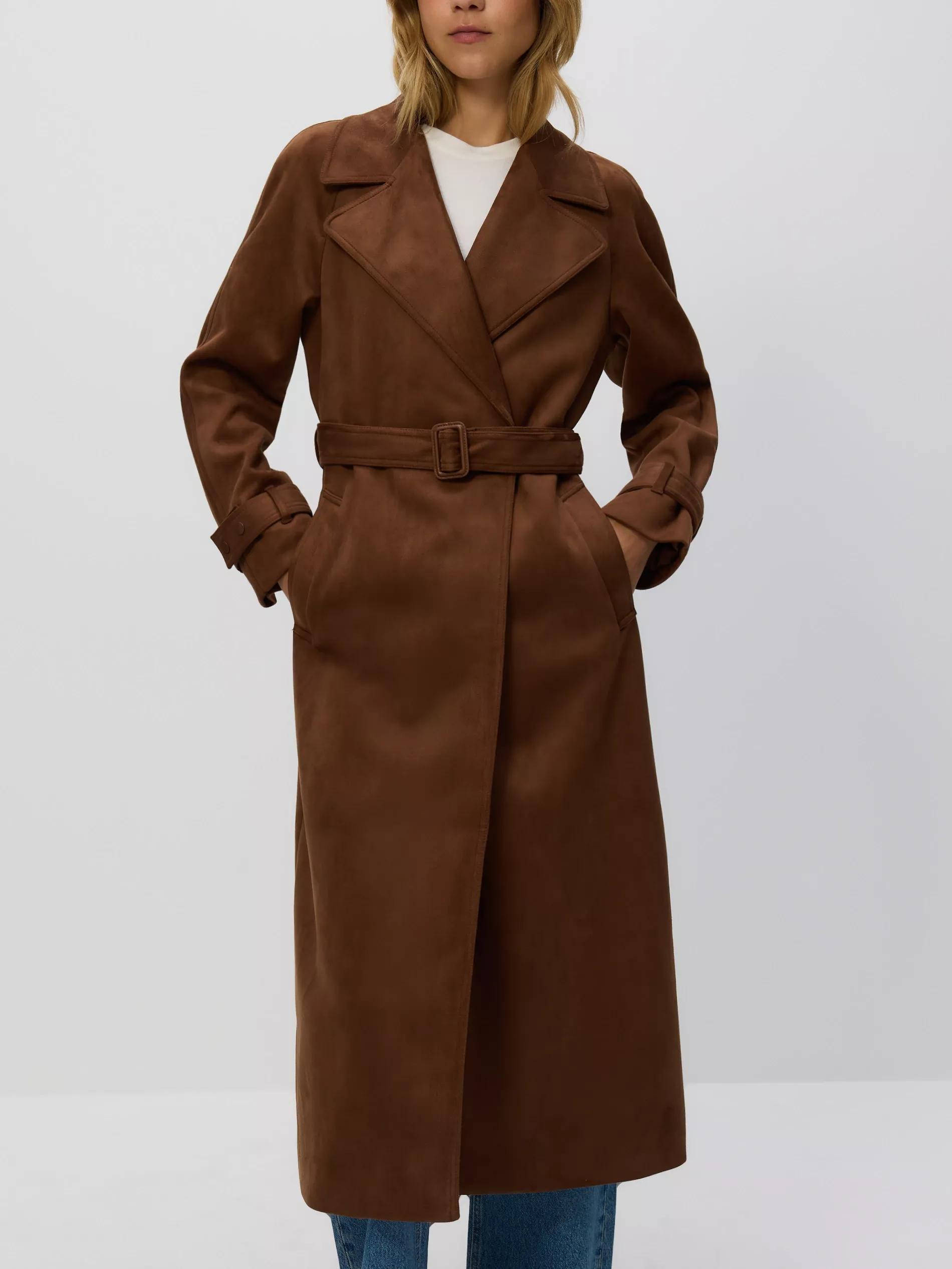 Brown Faux Suede Trench Coat, Brown, large image number 2