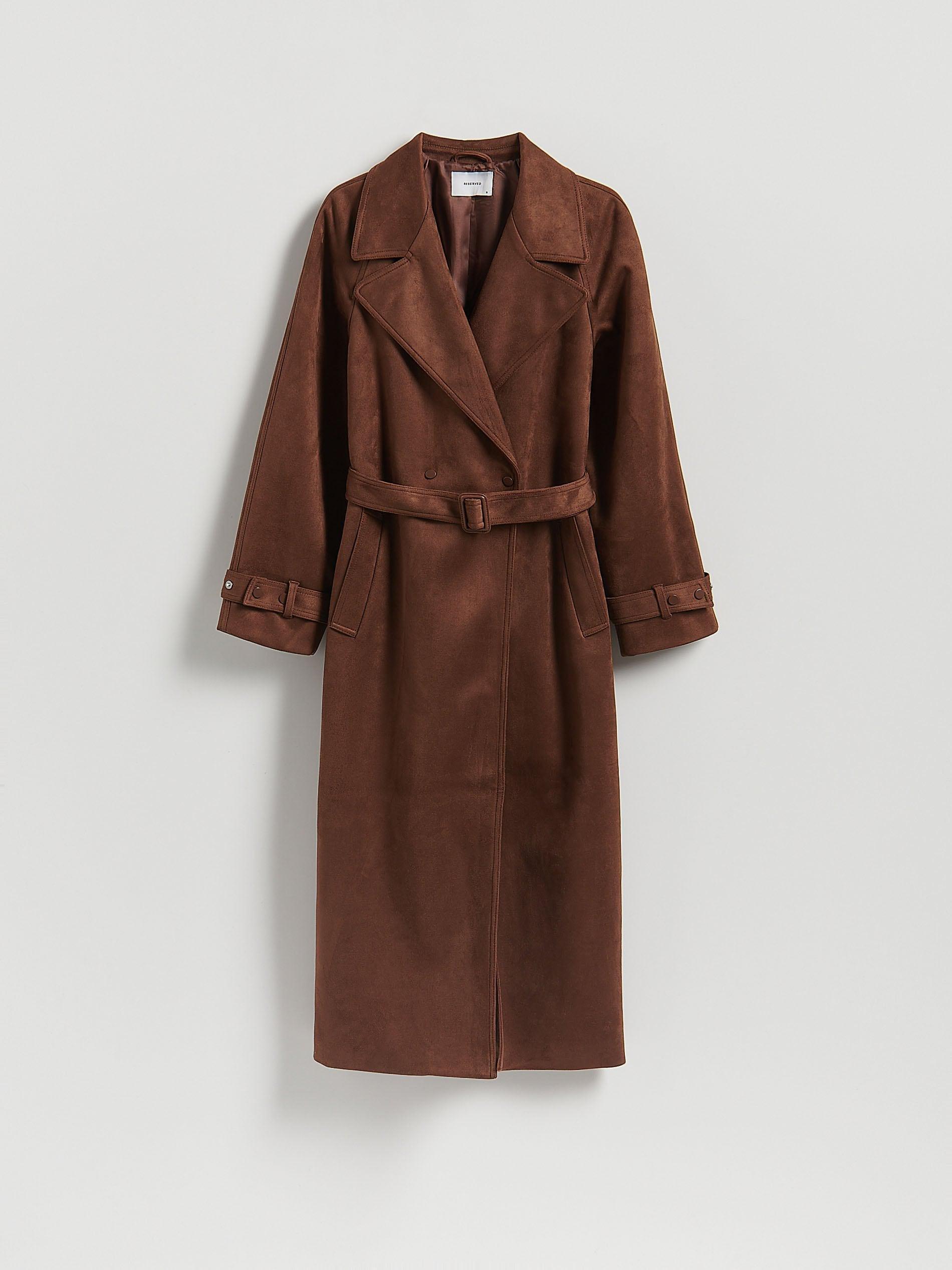 Brown Faux Suede Trench Coat, Brown, large image number 4