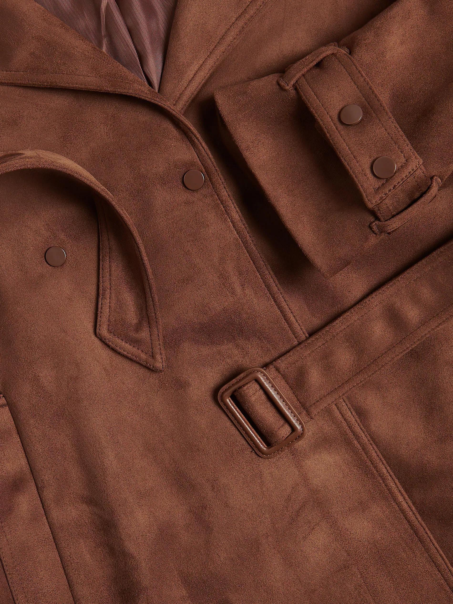 Brown Faux Suede Trench Coat, Brown, large image number 5