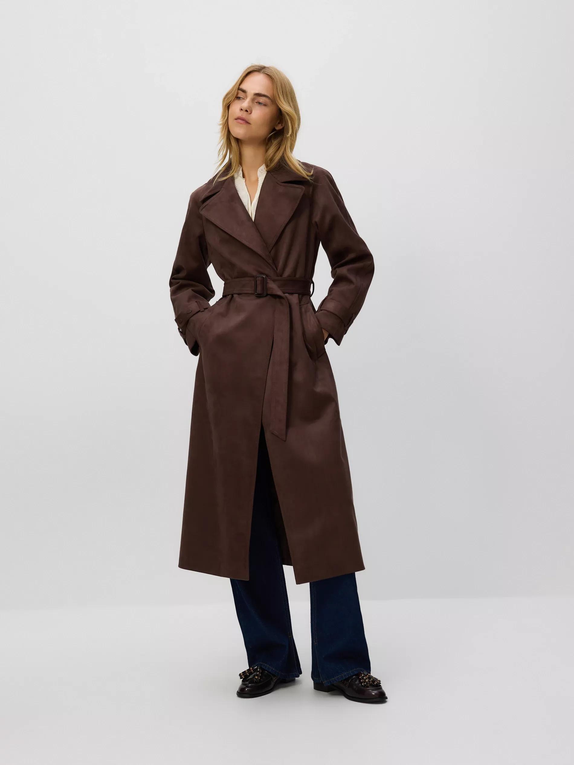 Brown Faux Suede Trench Coat, Brown, medium