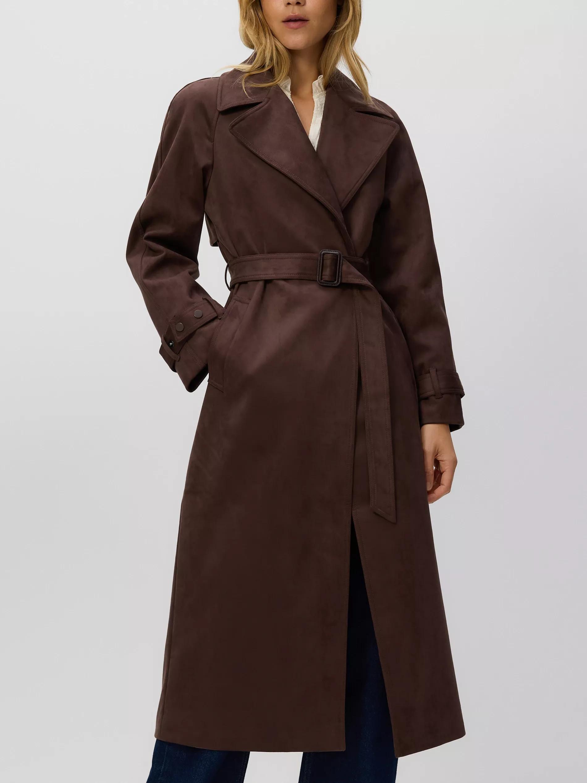 Brown Faux Suede Trench Coat, Brown, large image number 1