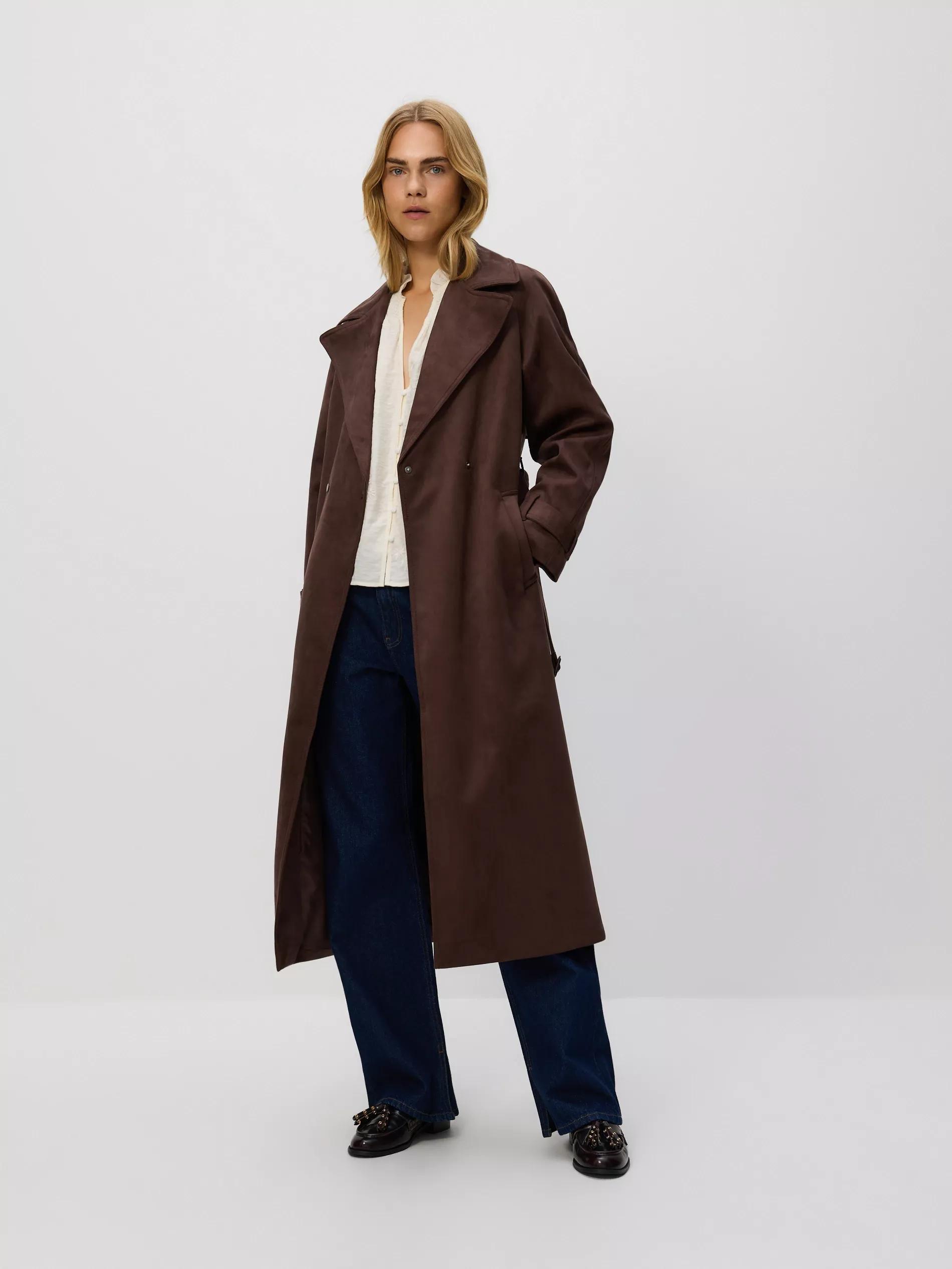 Brown Faux Suede Trench Coat, Brown, large image number 2