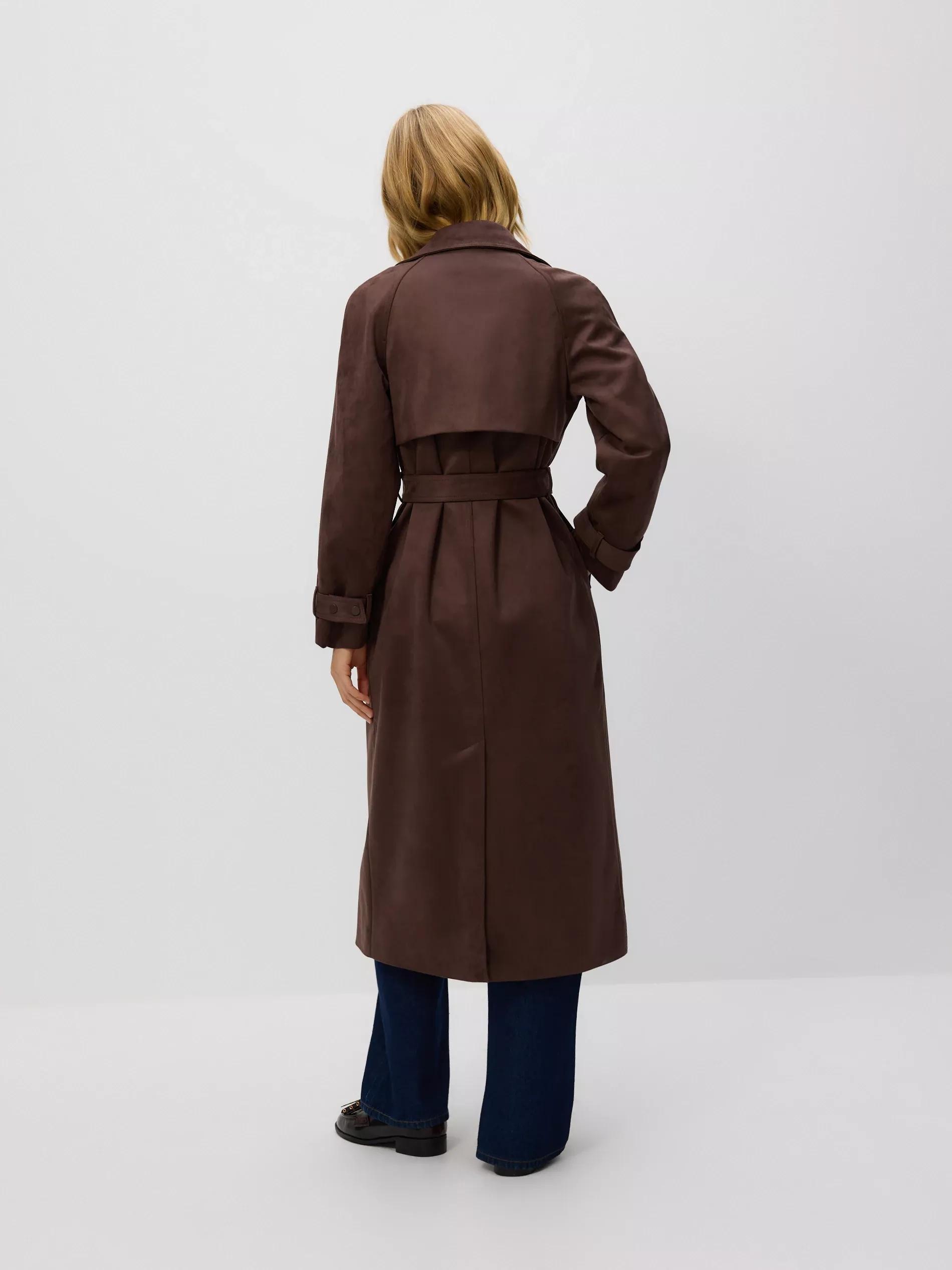 Brown Faux Suede Trench Coat, Brown, large image number 3
