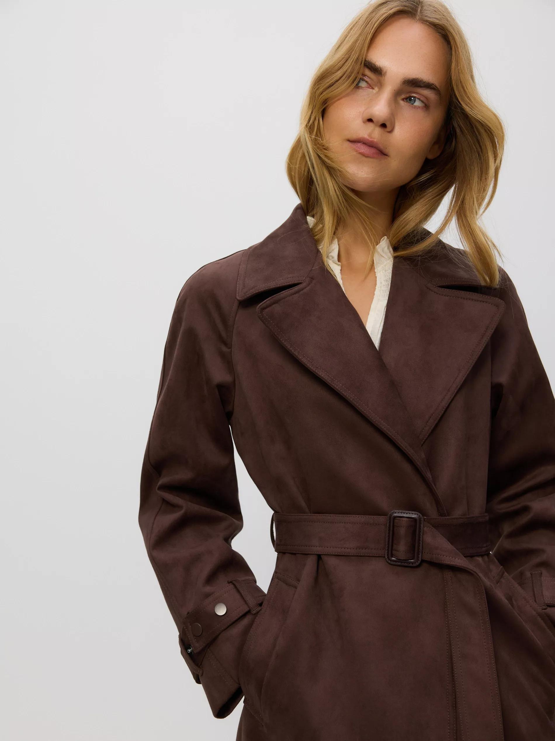 Brown Faux Suede Trench Coat, Brown, large image number 4