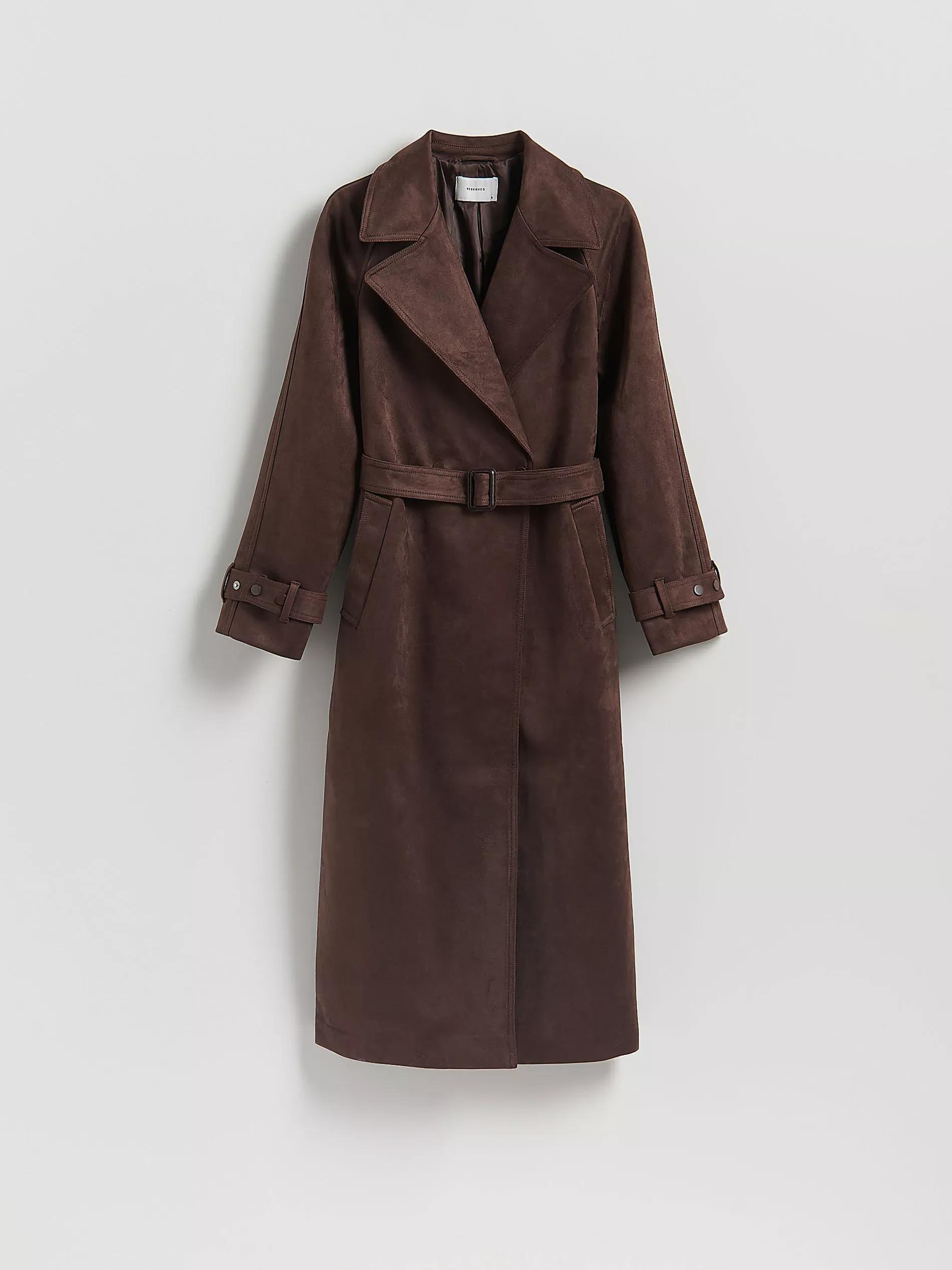 Brown Faux Suede Trench Coat, Brown, large image number 5