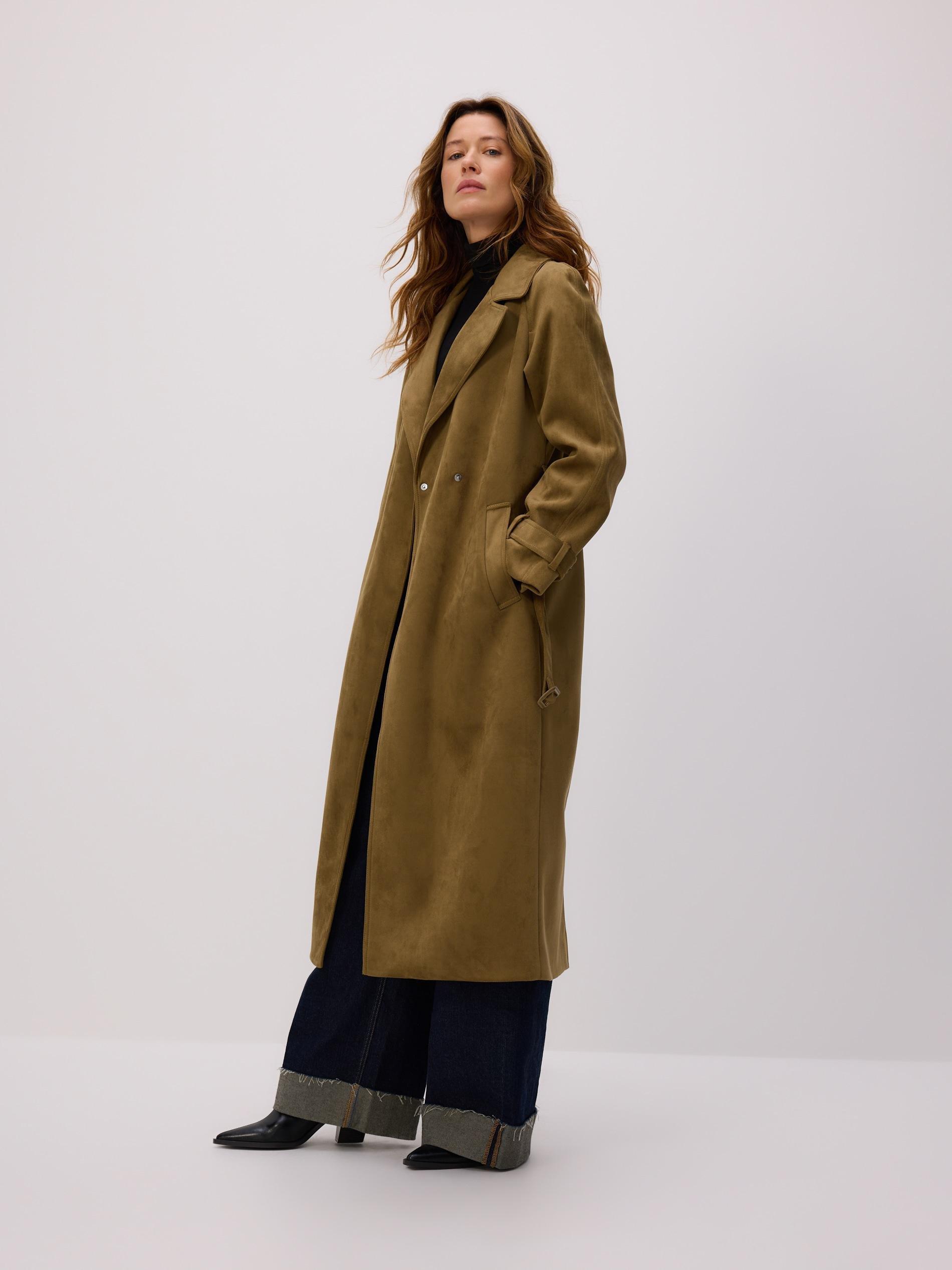 Green Faux Suede Trench Coat, Khaki, medium