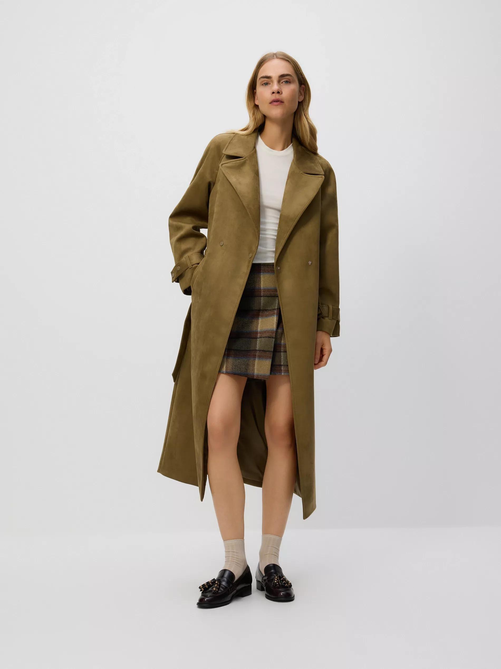 Green Faux Suede Trench Coat, Khaki, medium