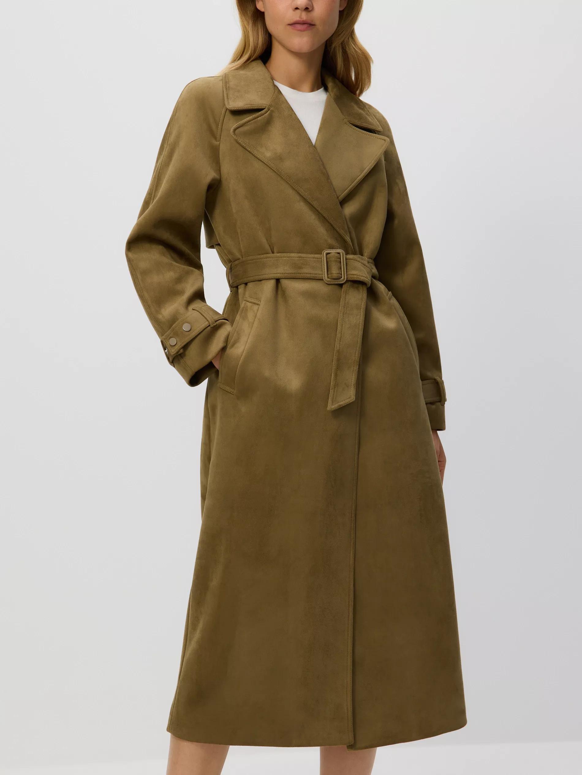 Green Faux Suede Trench Coat, Khaki, large image number 1