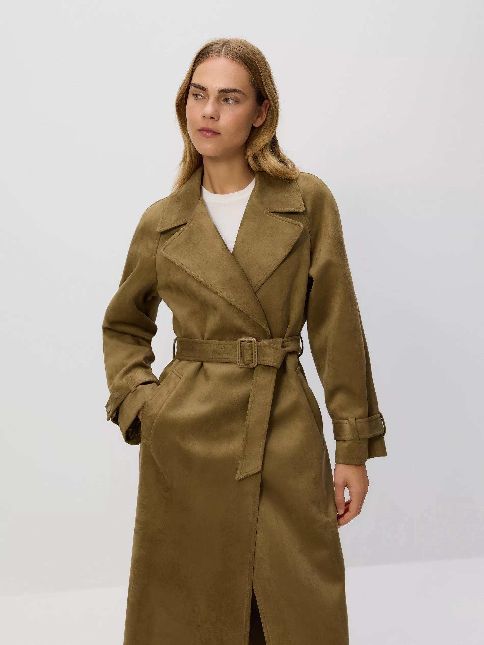 Green Faux Suede Trench Coat, Khaki, large image number 2