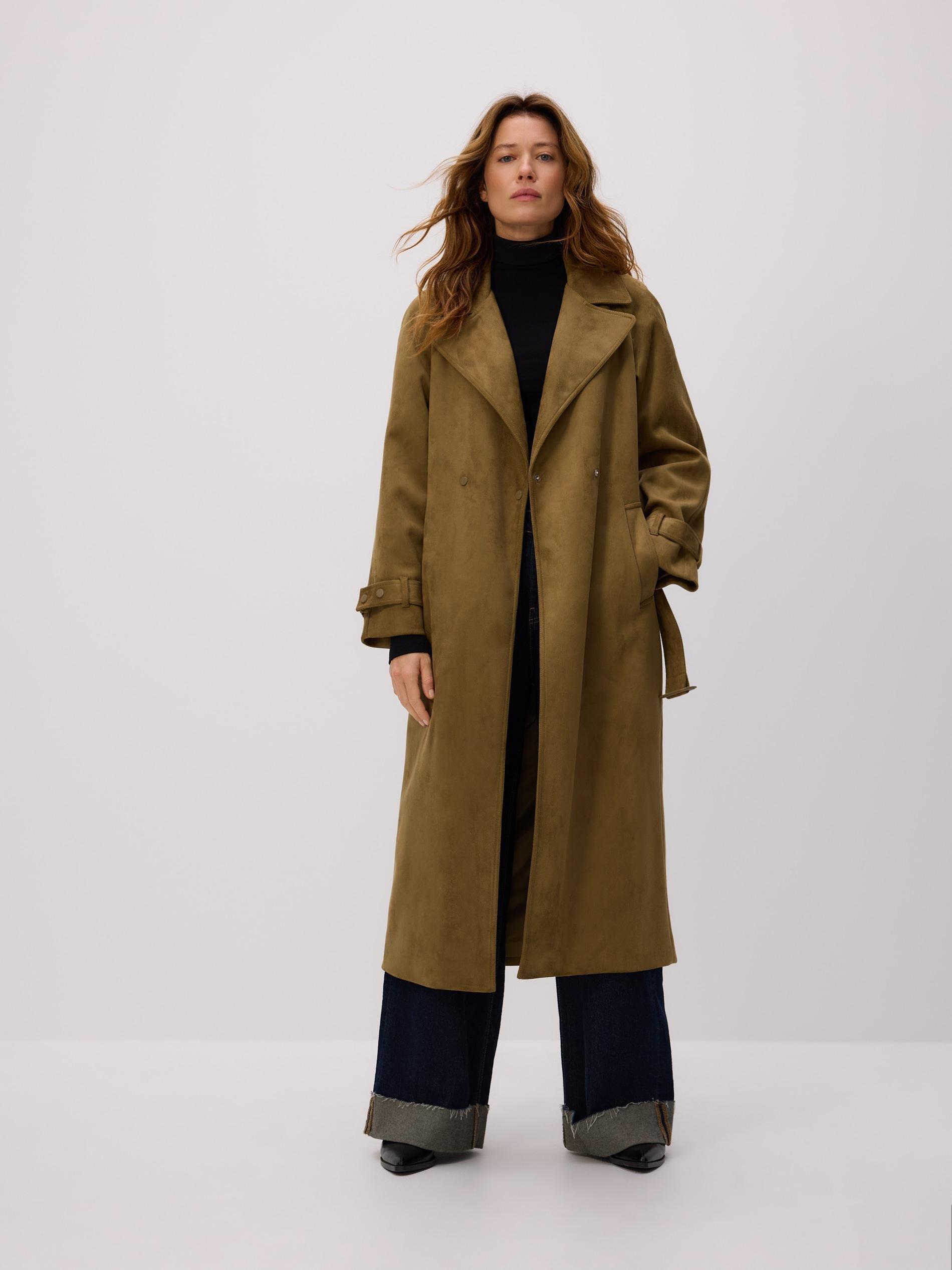 Green Faux Suede Trench Coat, Khaki, medium