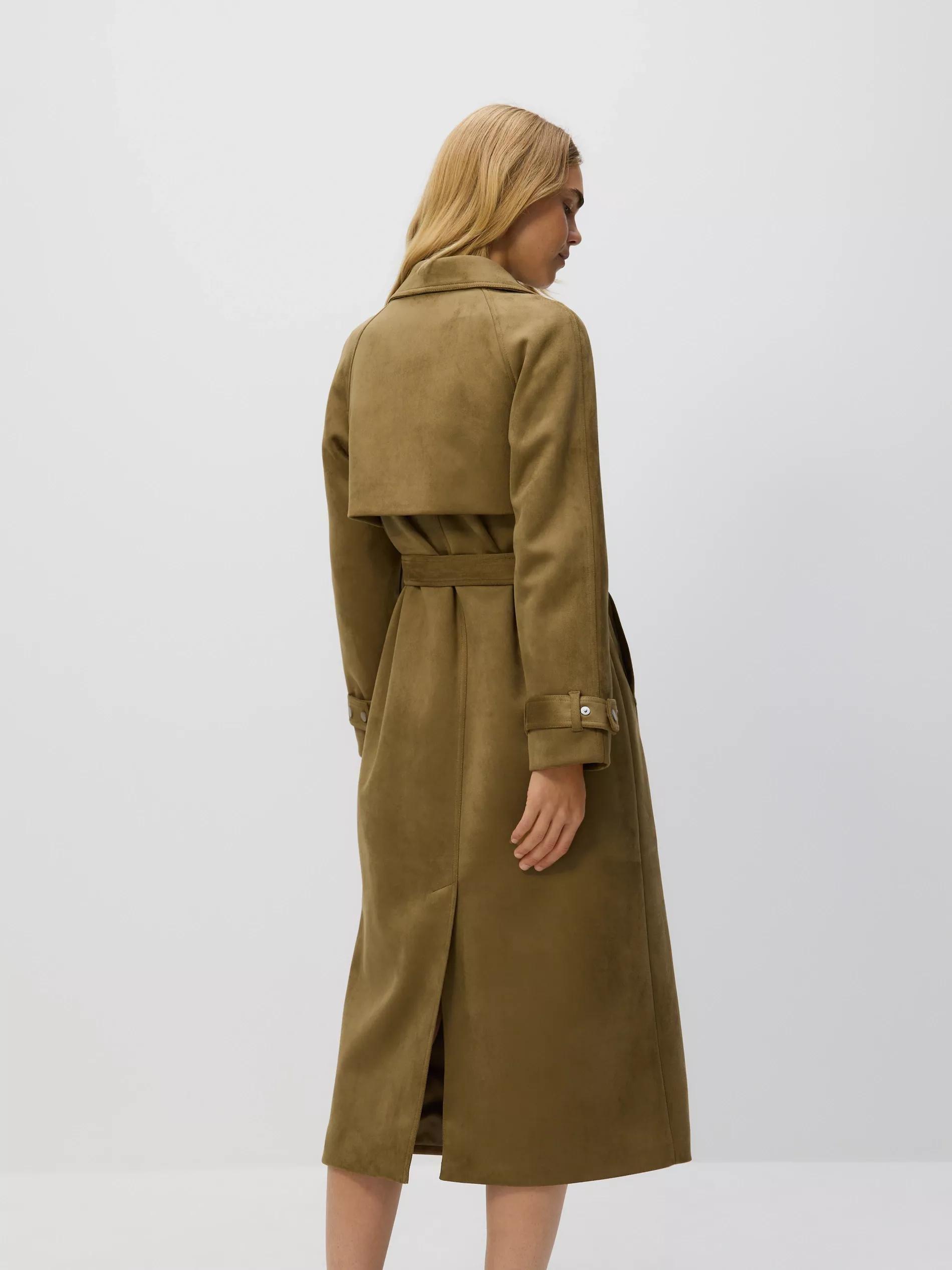 Green Faux Suede Trench Coat, Khaki, large image number 3