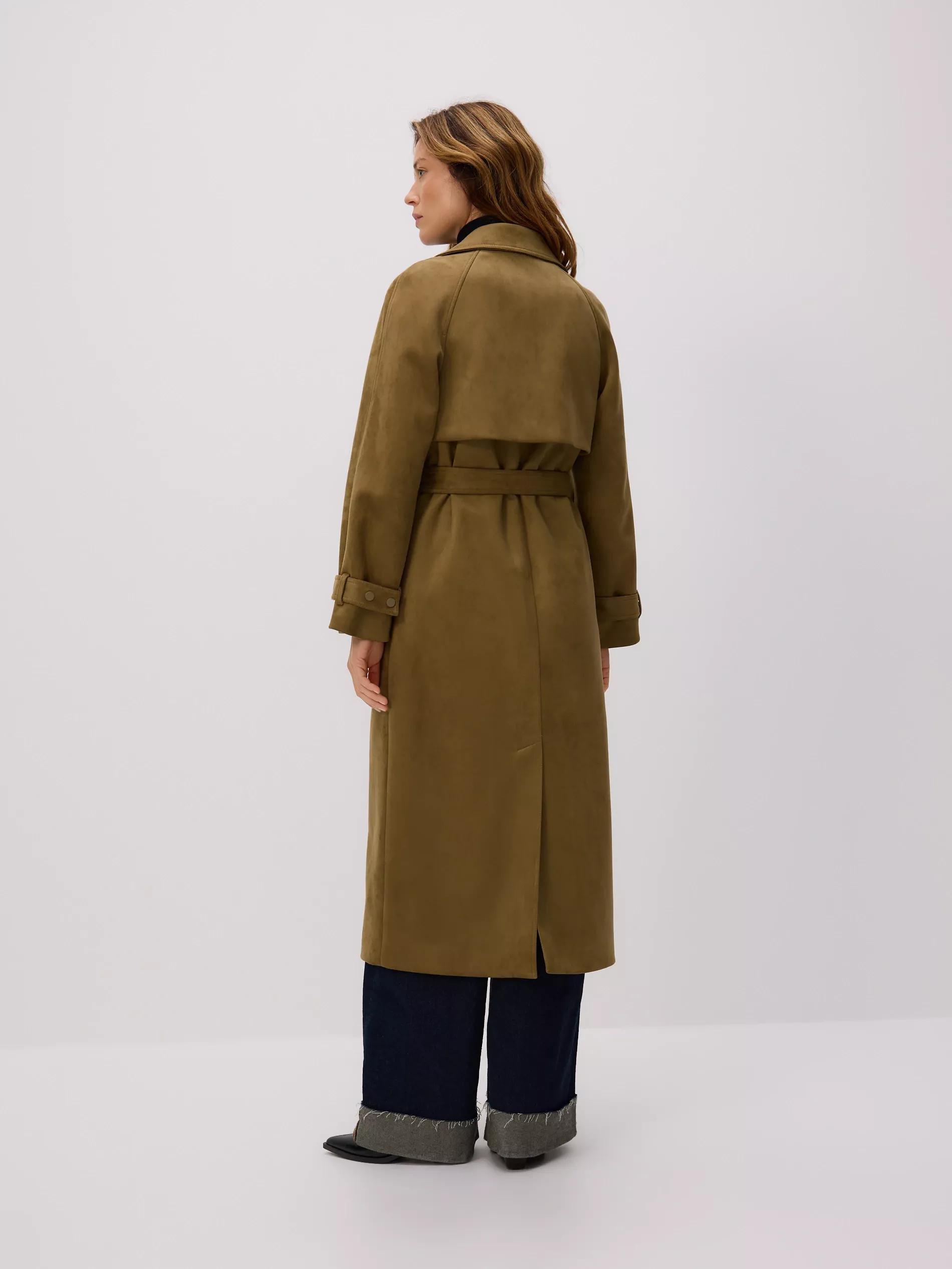 Green Faux Suede Trench Coat, Khaki, large image number 3