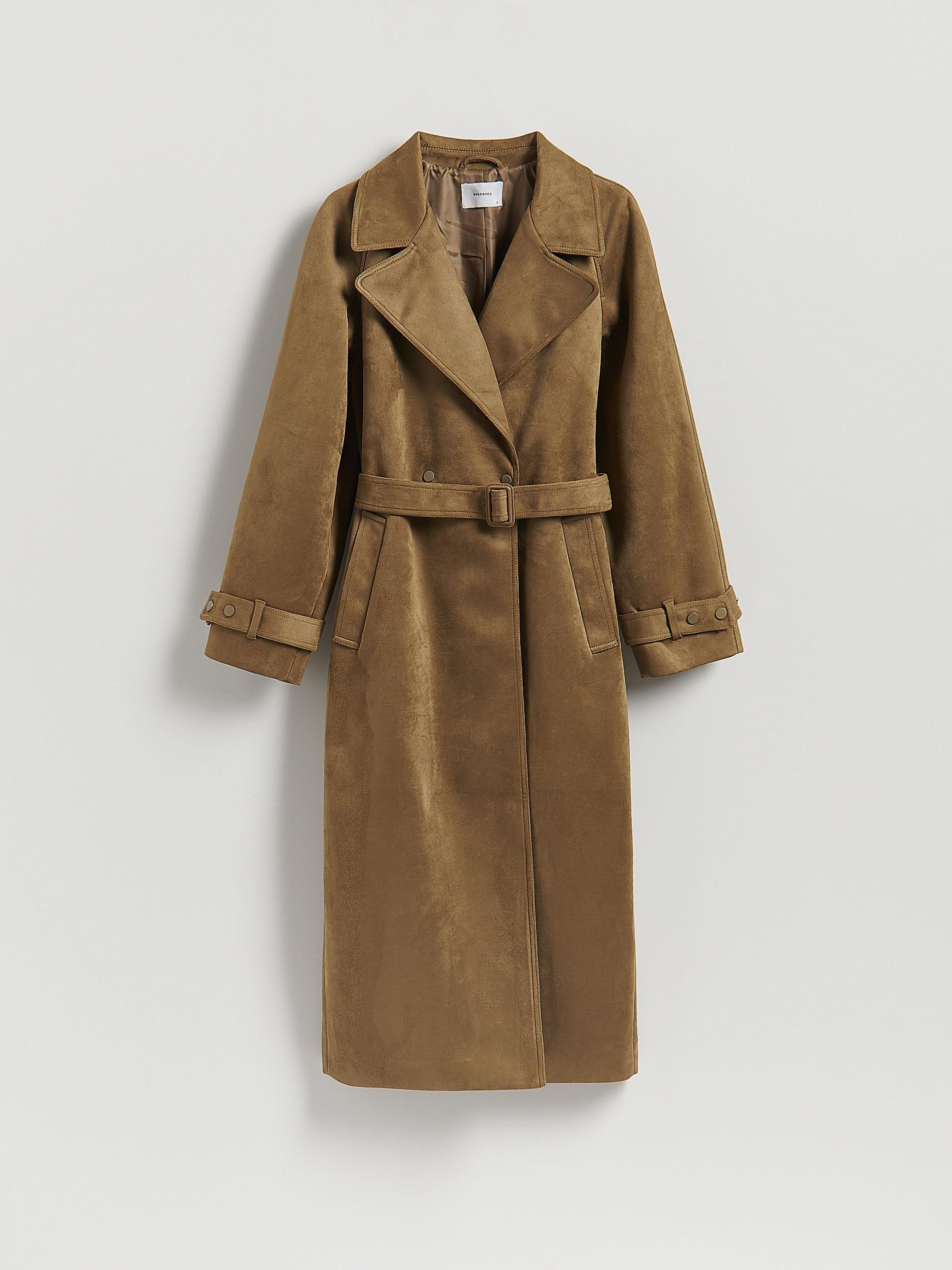 Green Faux Suede Trench Coat, Khaki, large image number 4